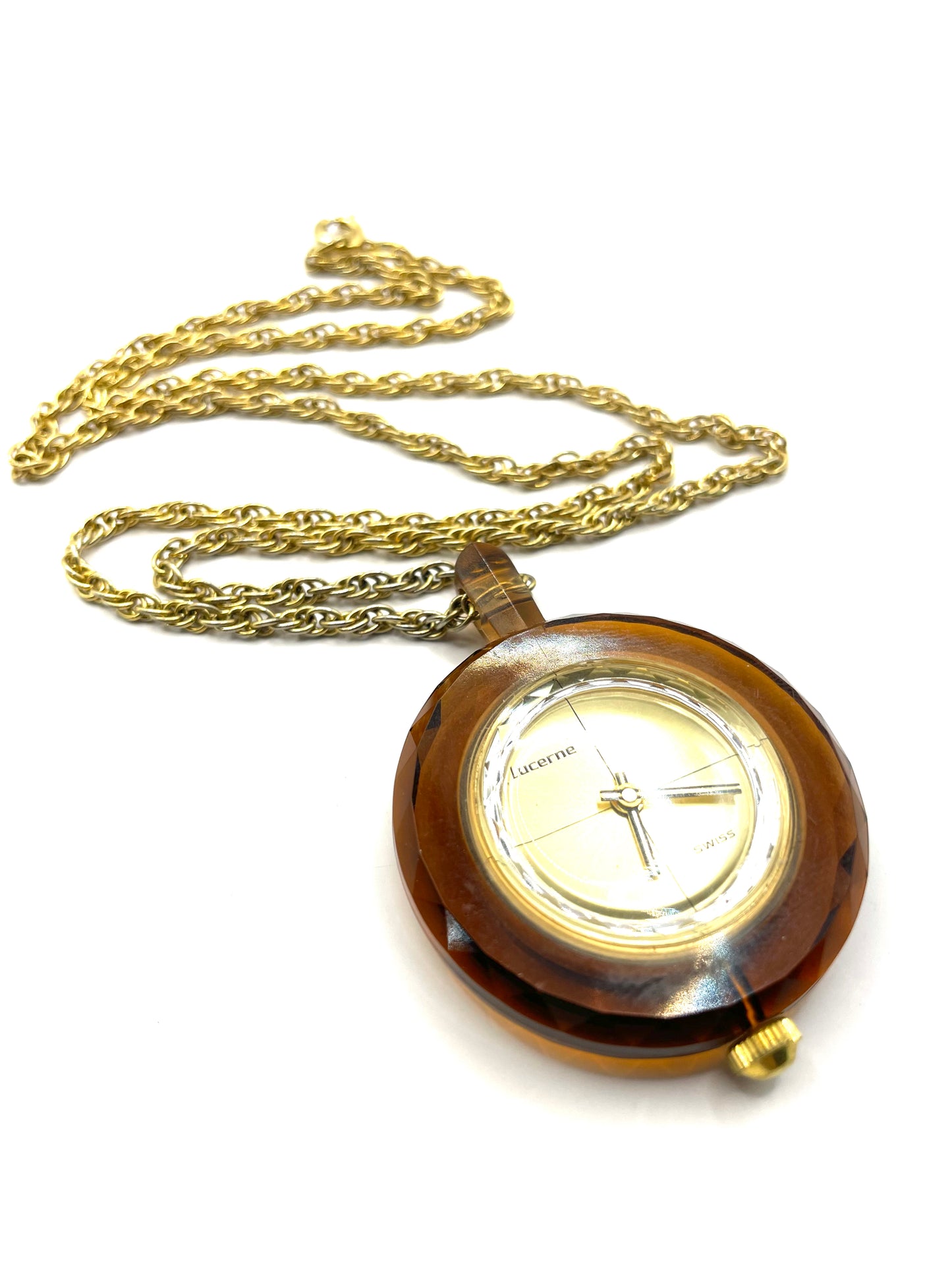 Vintage Swiss Wind Up Lucite Pendant Watch Necklace 1950s-1960s