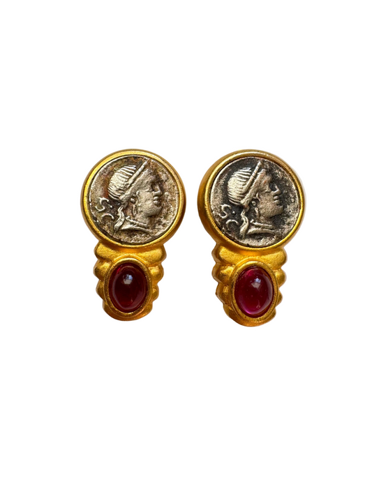 Vintage Linda Levinson Coin Motif & Ruby Color Glass Clip-On Earrings