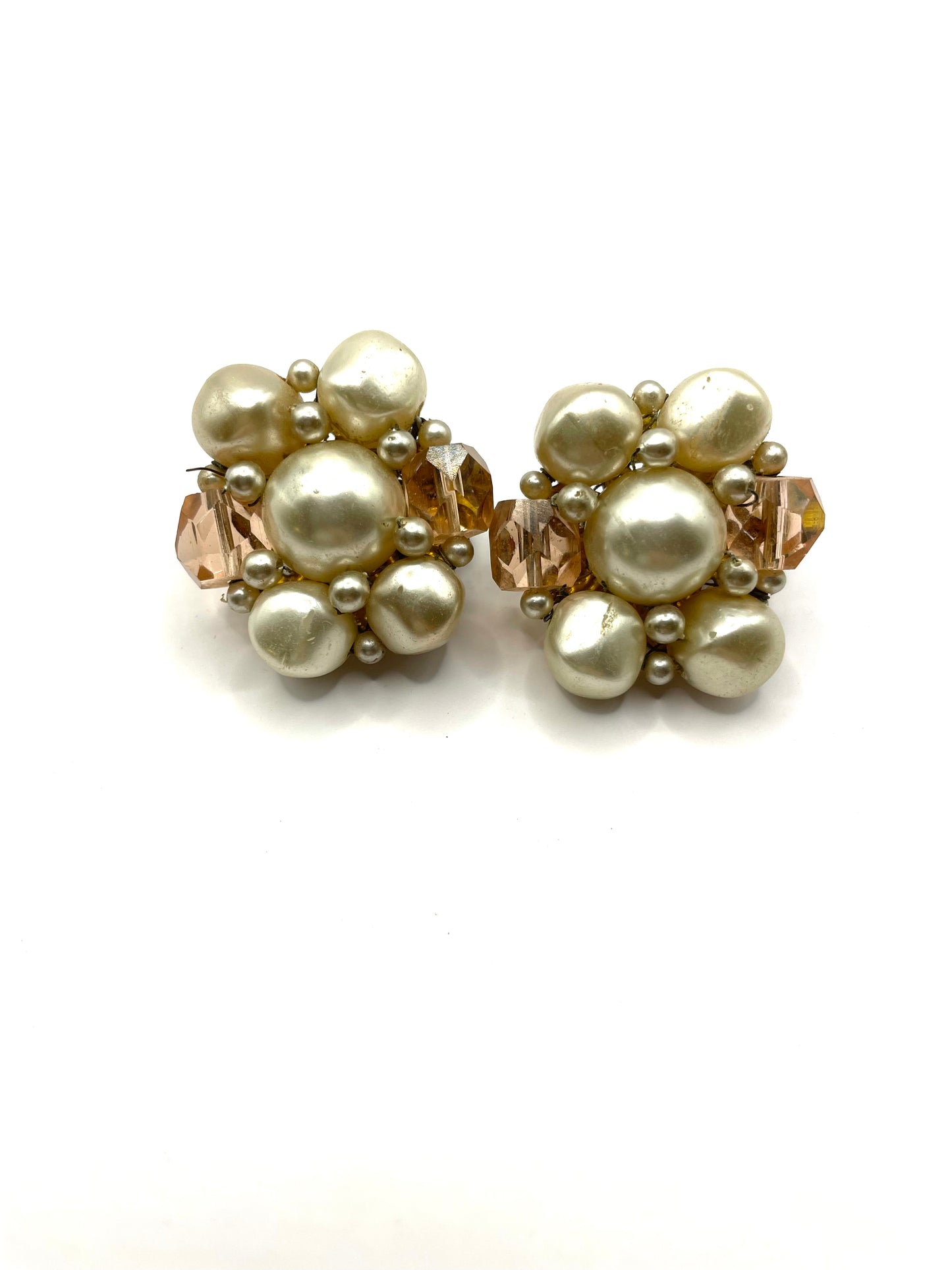 Vintage 1950s Japan Filigree Faux Pearl Clip on Earrings