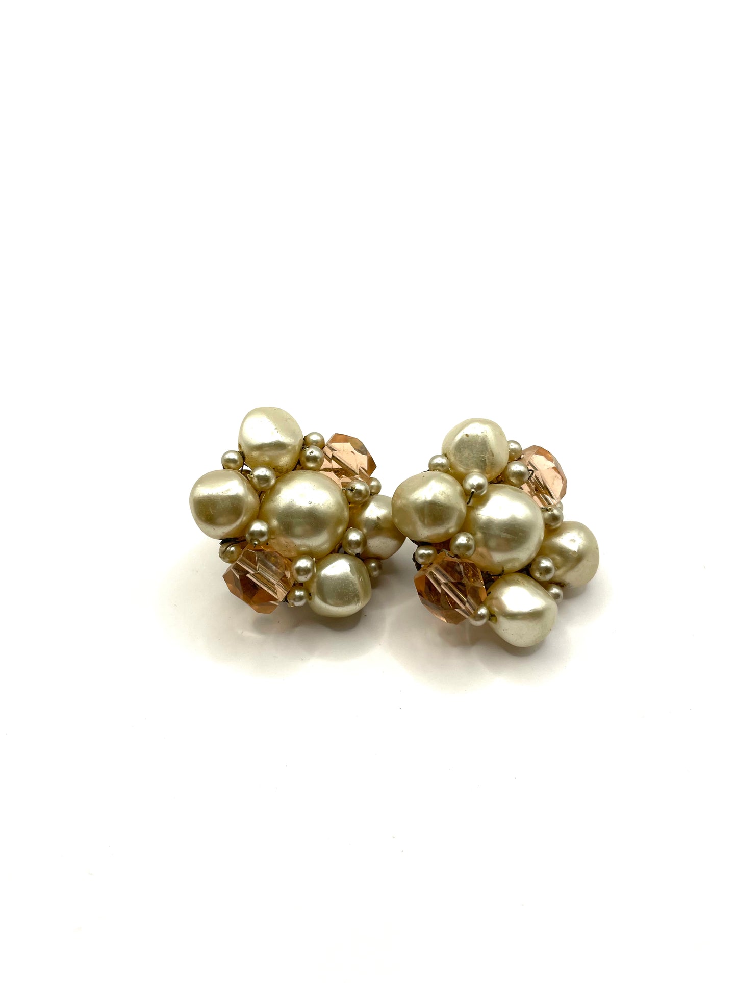 Vintage 1950s Japan Filigree Faux Pearl Clip on Earrings