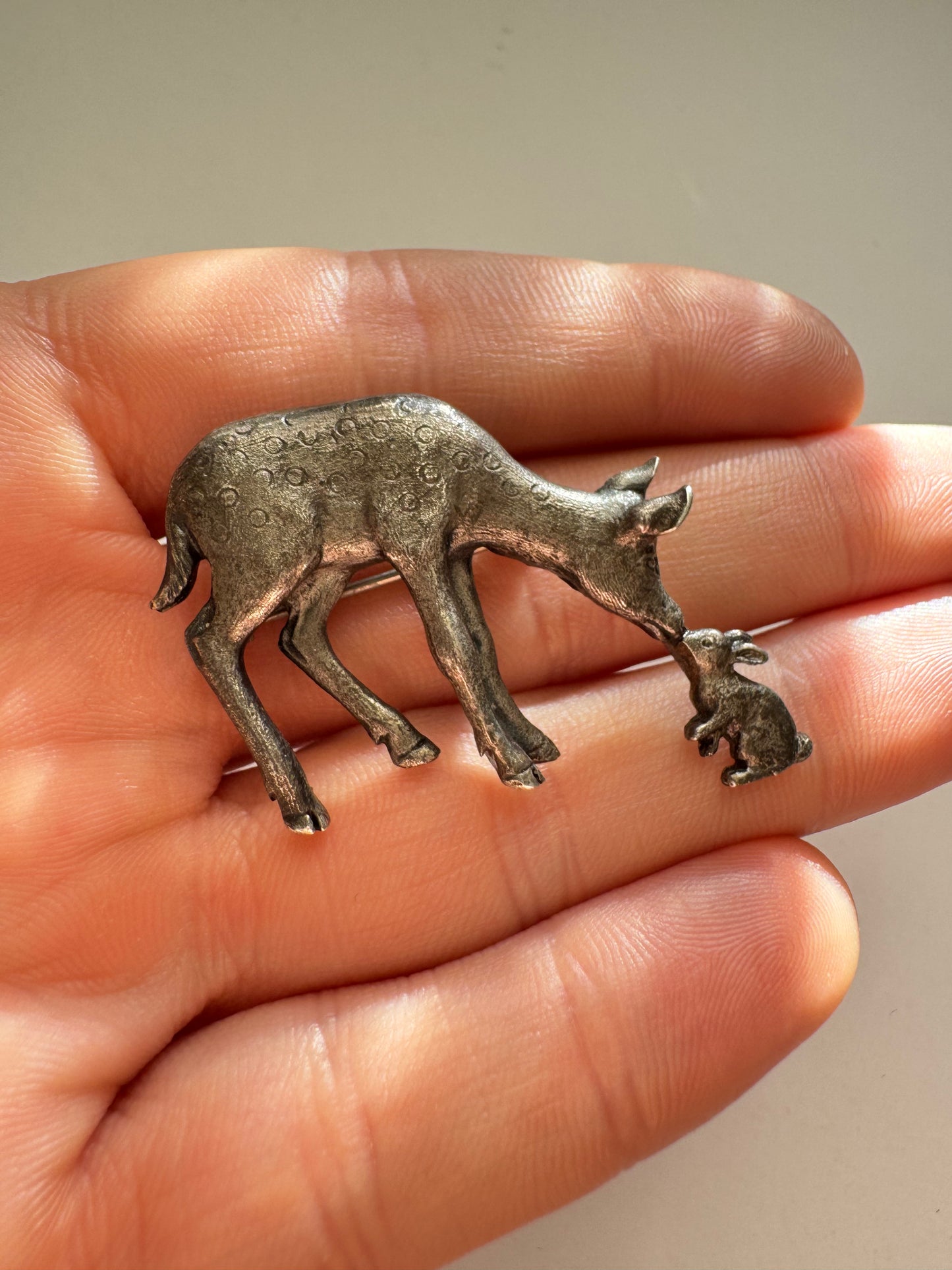 1979 Sid Bell “Forest Friends” Silver Deer & Rabbit Brooch