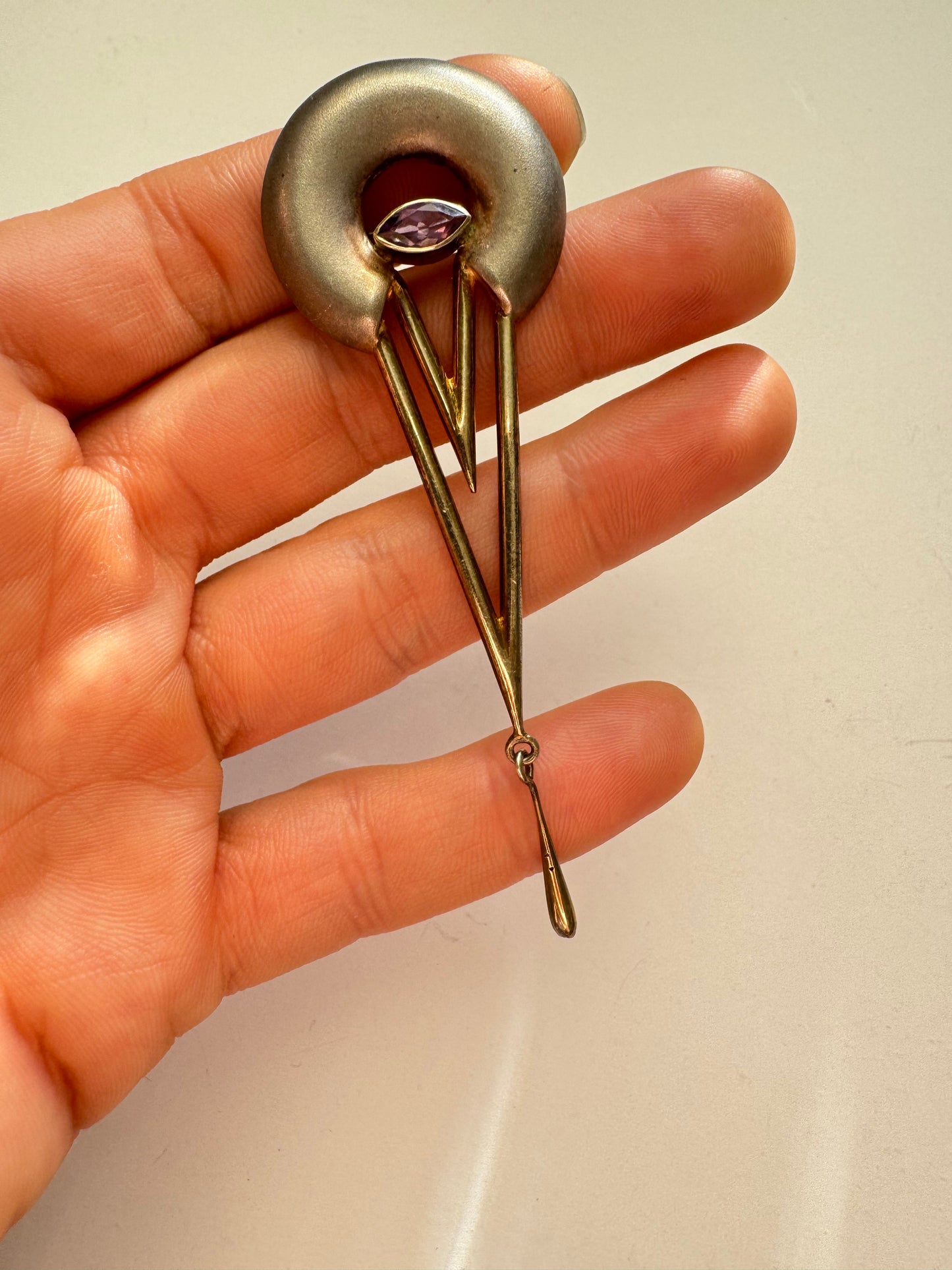 Modernist 925 Sterling Silver Brooch with Amethyst Glass Accent