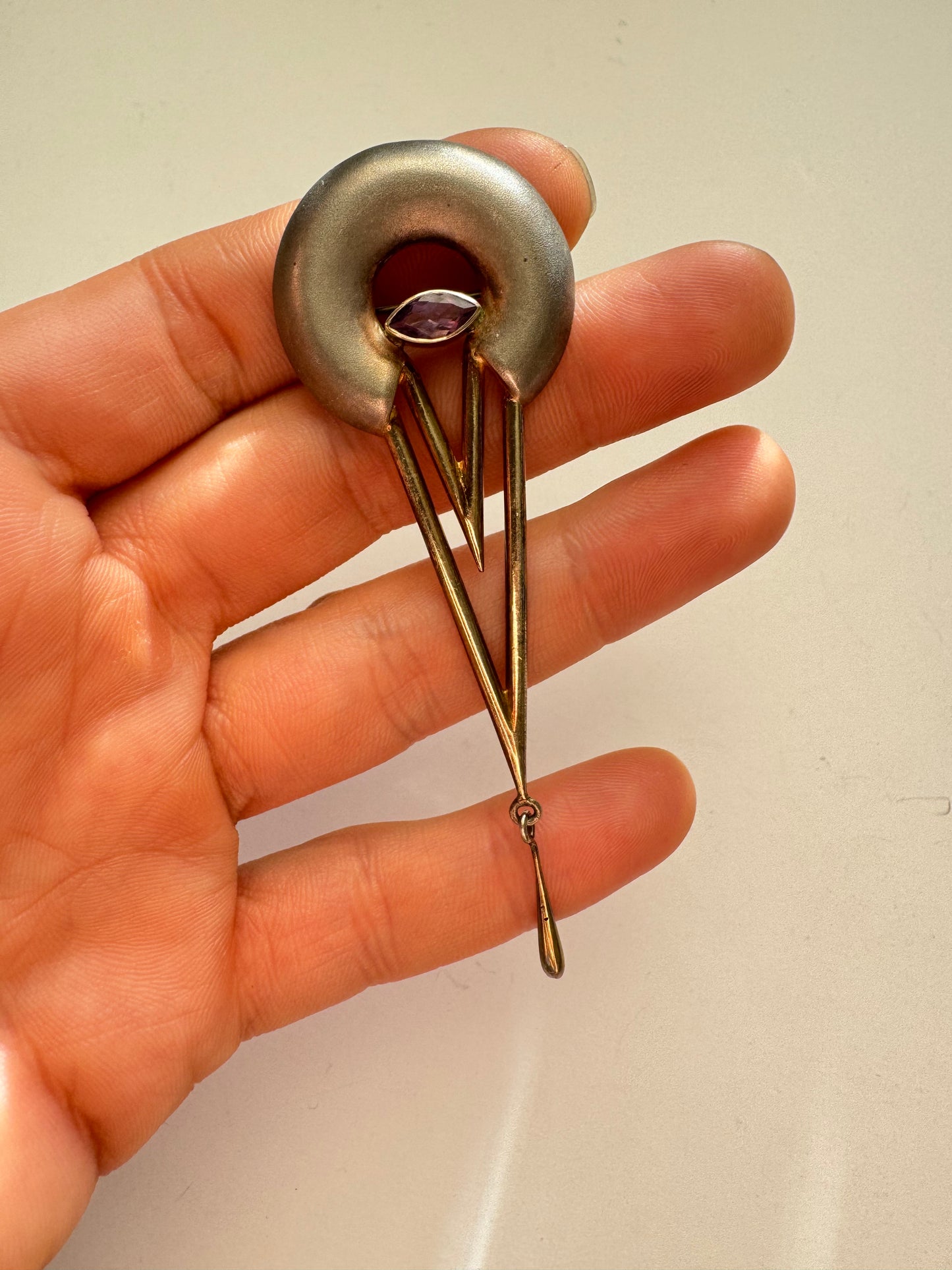 Modernist 925 Sterling Silver Brooch with Amethyst Glass Accent