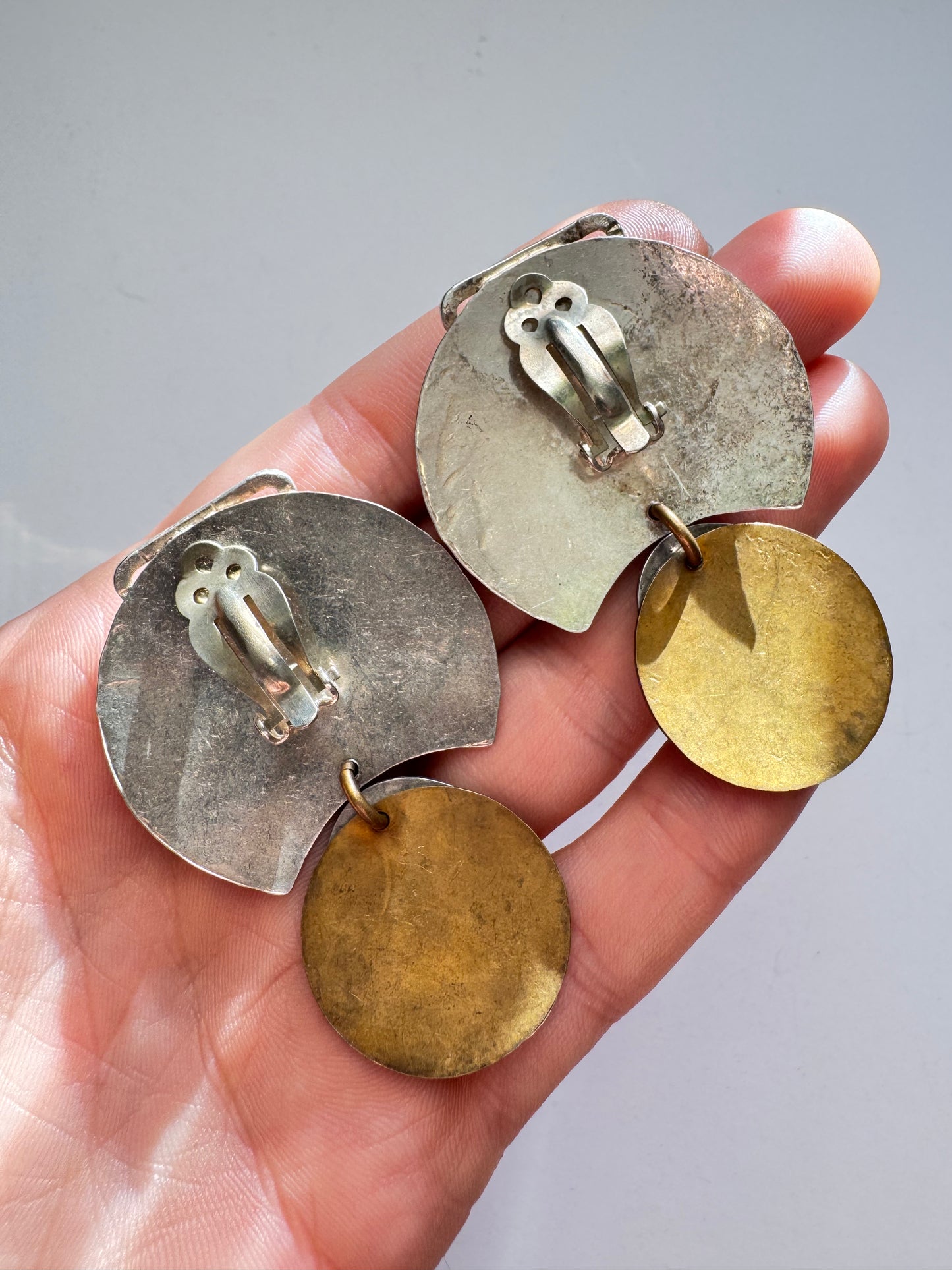 Modernist Sterling Silver Artisanal Sculptural Statement Clip-On Earrings