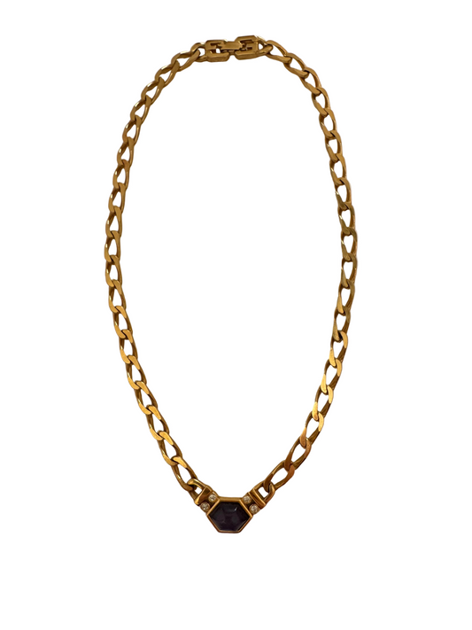 Vintage Givenchy Hexagon Purple Stone Rhinestones Chain Necklace