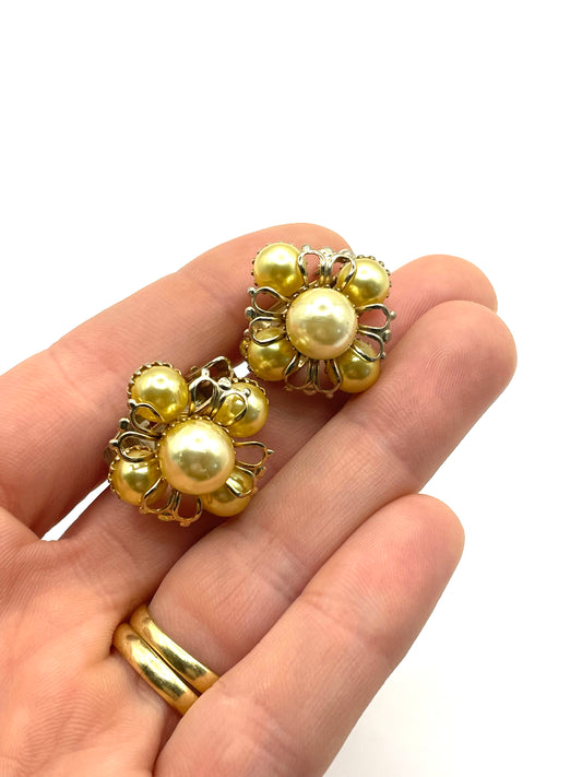 Vintage Gold Tone Faux Pearl Clip on Earrings