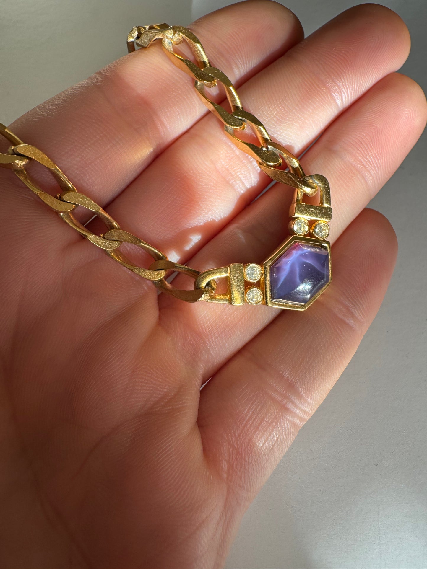 Vintage Givenchy Hexagon Purple Stone Rhinestones Chain Necklace