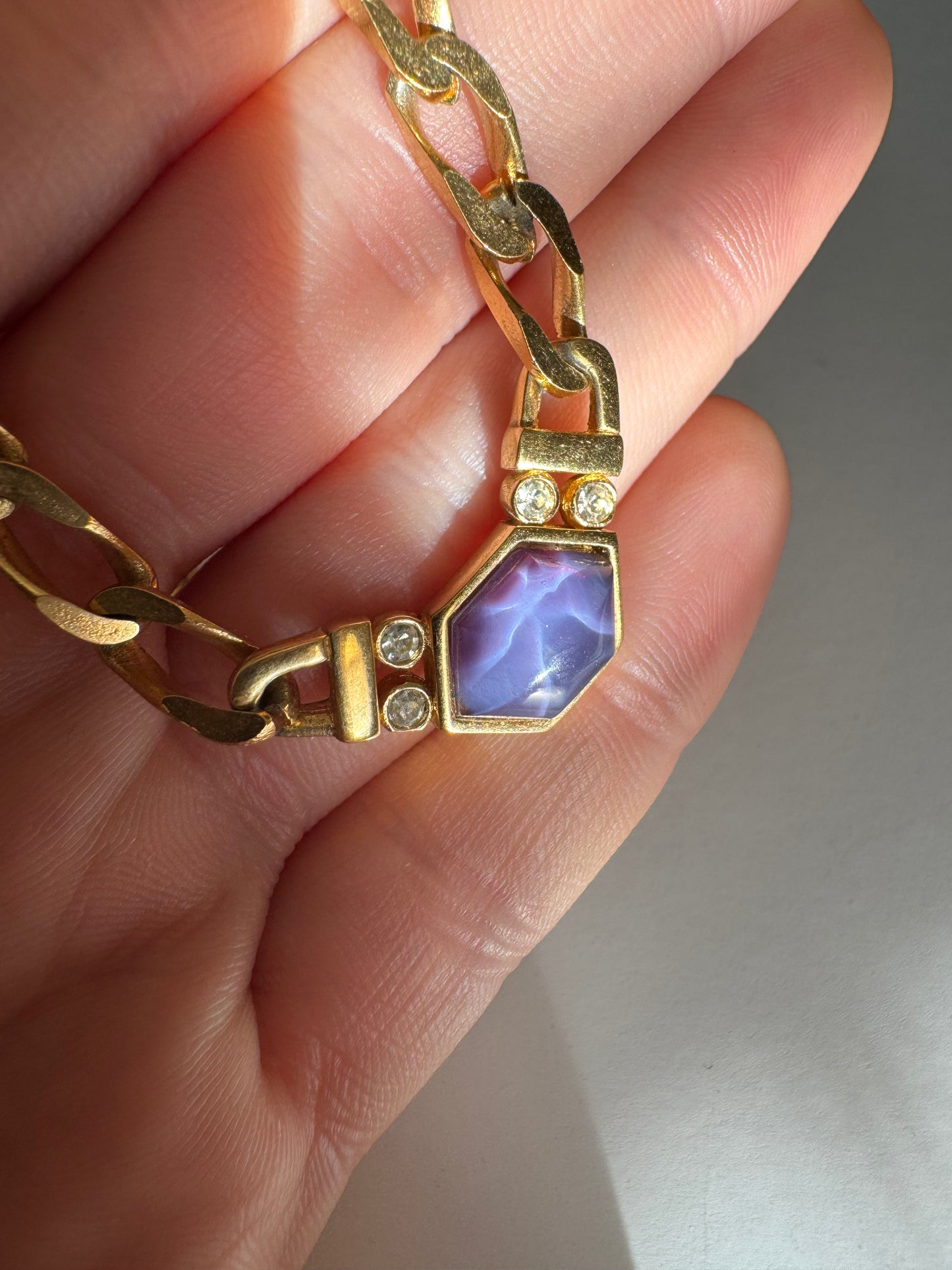 Vintage Givenchy Hexagon Purple Stone Rhinestones Chain Necklace