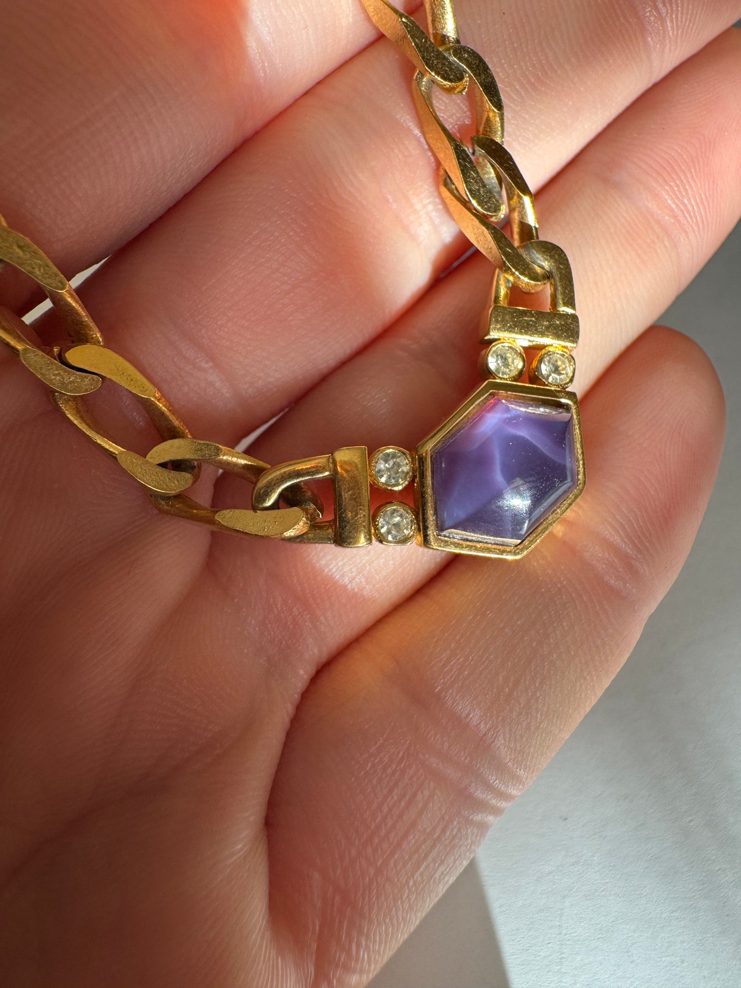Vintage Givenchy Hexagon Purple Stone Rhinestones Chain Necklace