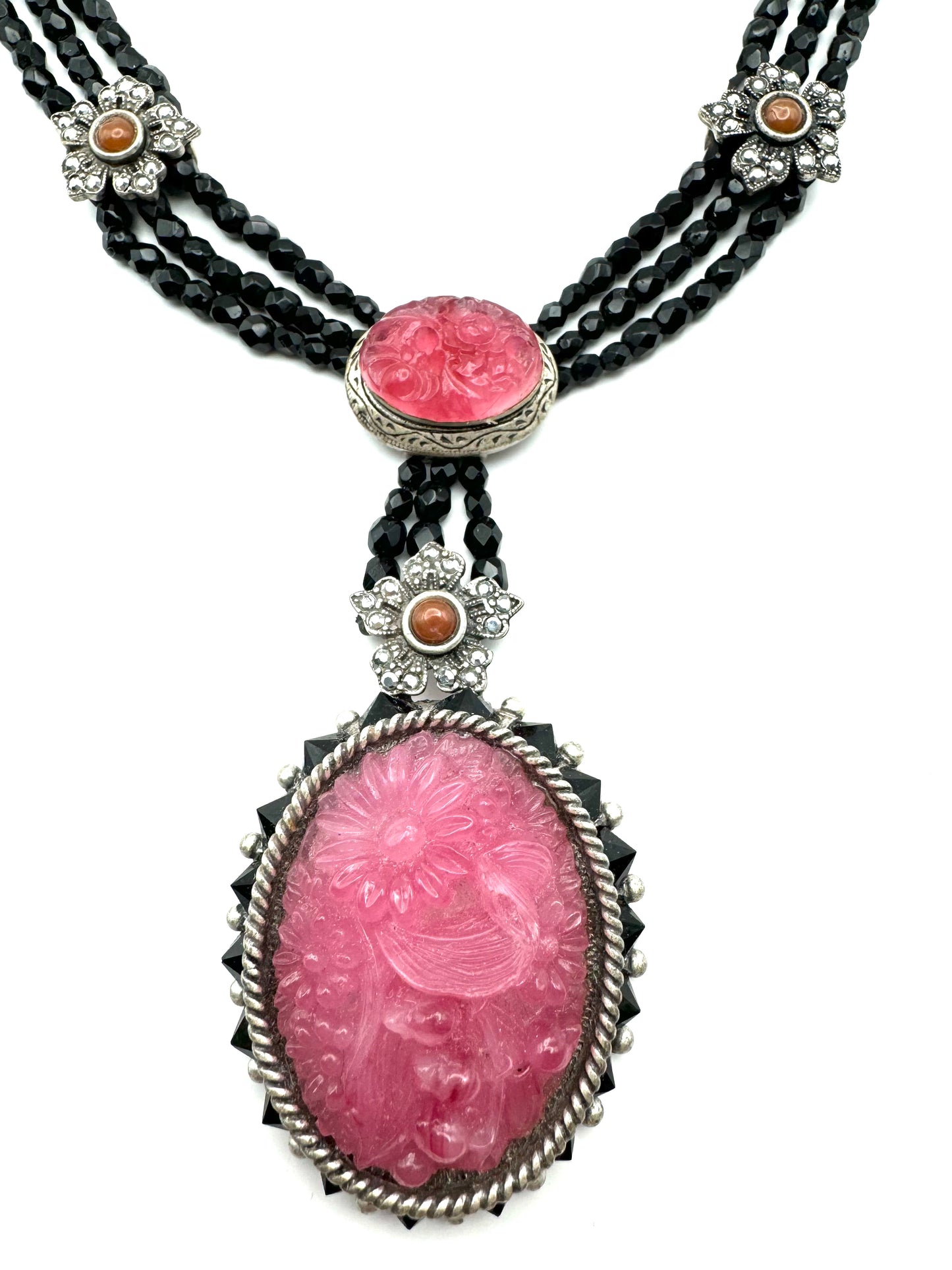 Vintage Sweet Romance Carved Rose Quartz Art Deco Necklace