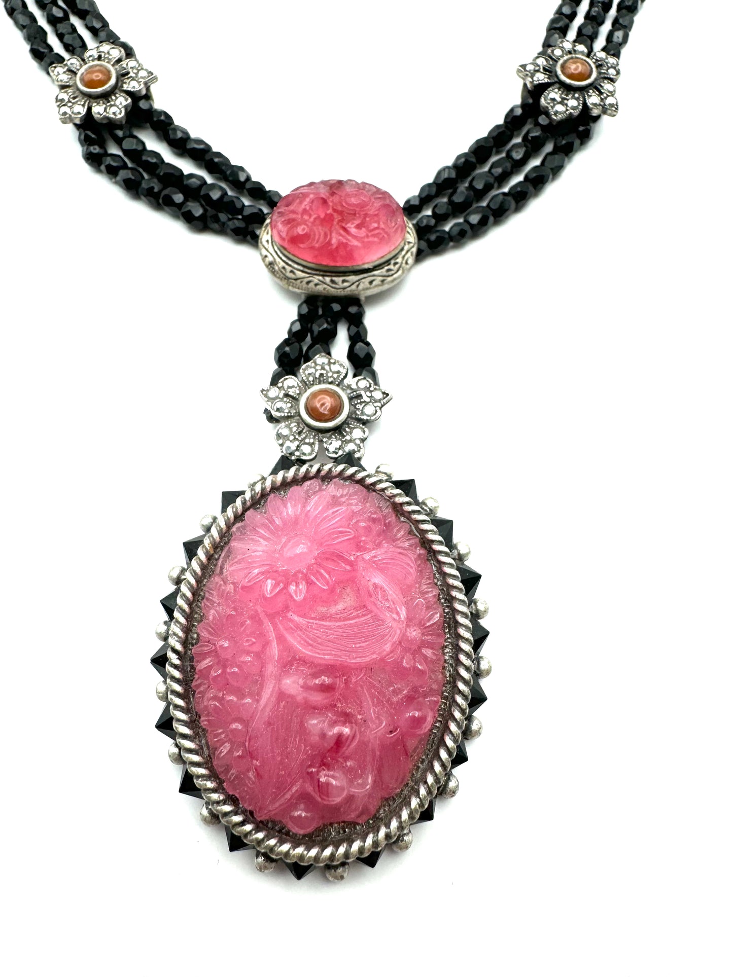 Vintage Sweet Romance Carved Rose Quartz Art Deco Necklace