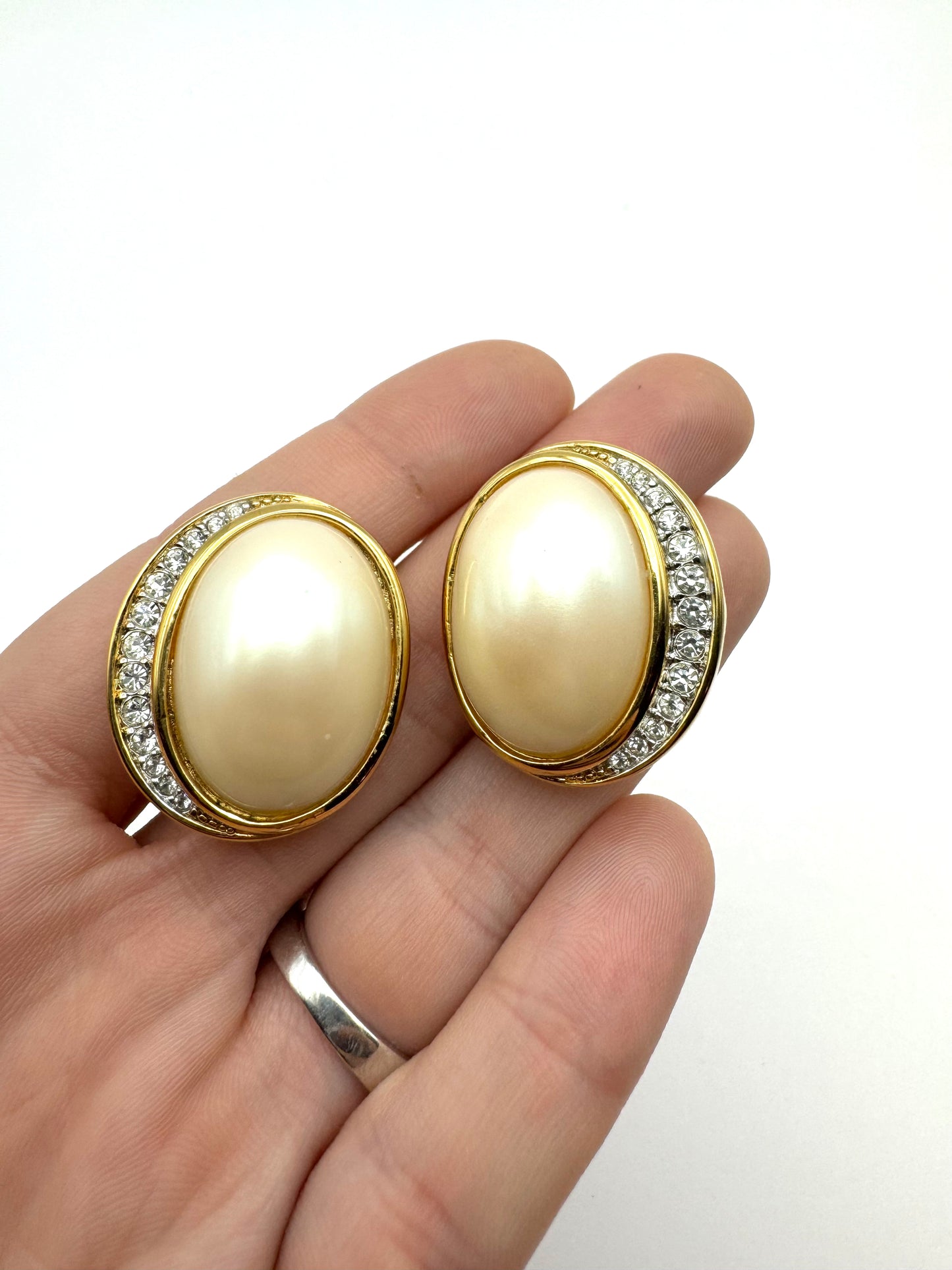 Vintage Nina Ricci Pearl Pave Swarovski Crystal Clip On Earrings