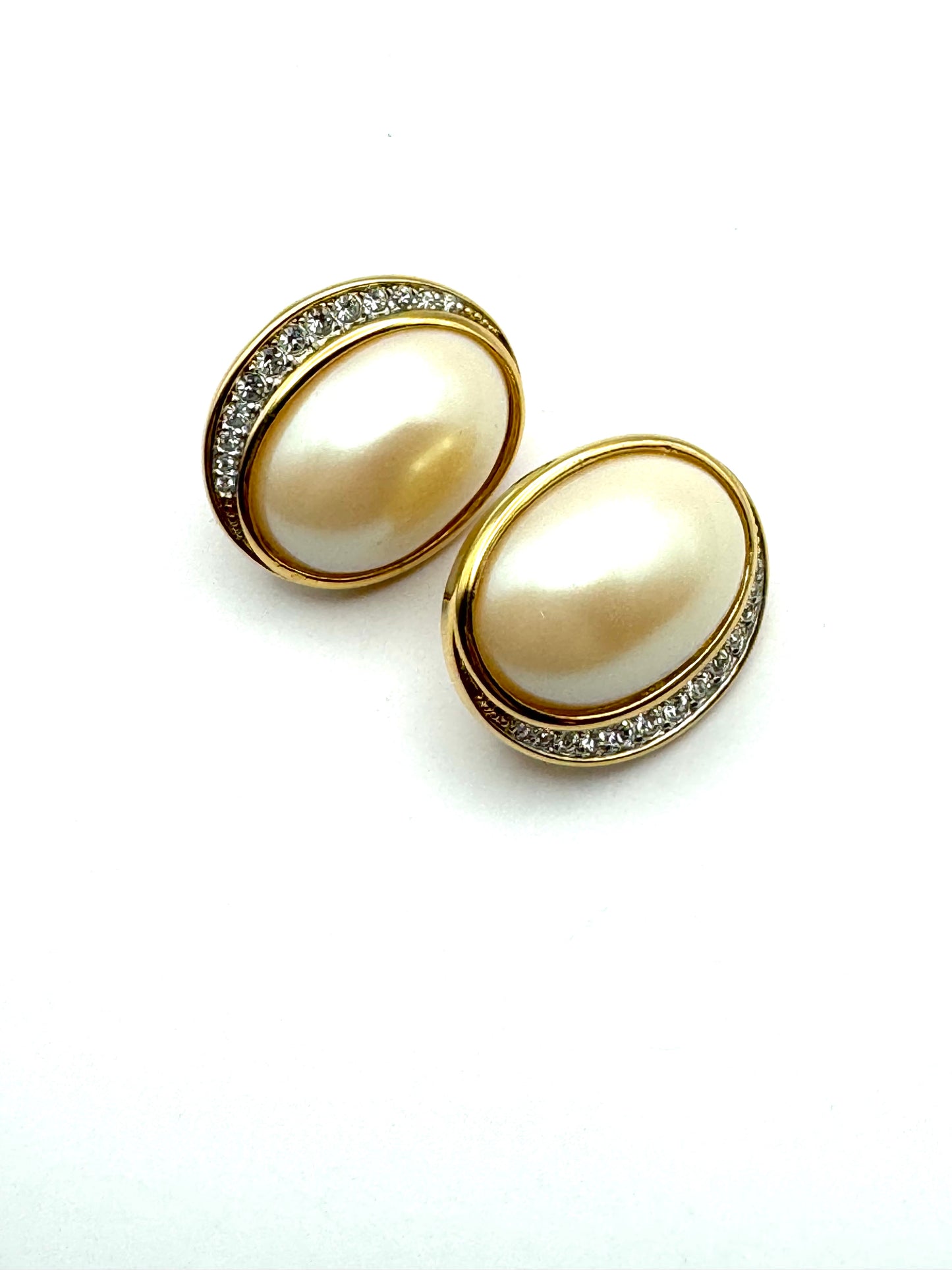 Vintage Nina Ricci Pearl Pave Swarovski Crystal Clip On Earrings