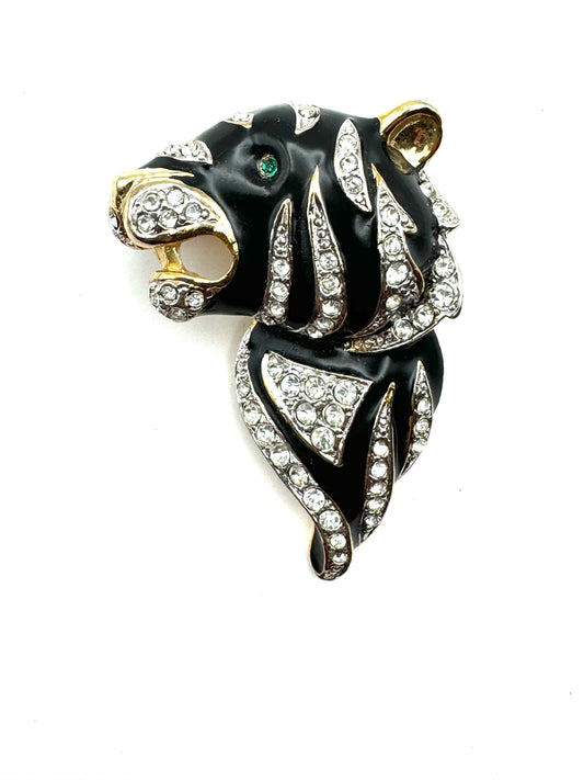 Vintage Gold Tone Black Enamel Rhinestones Tiger Brooch