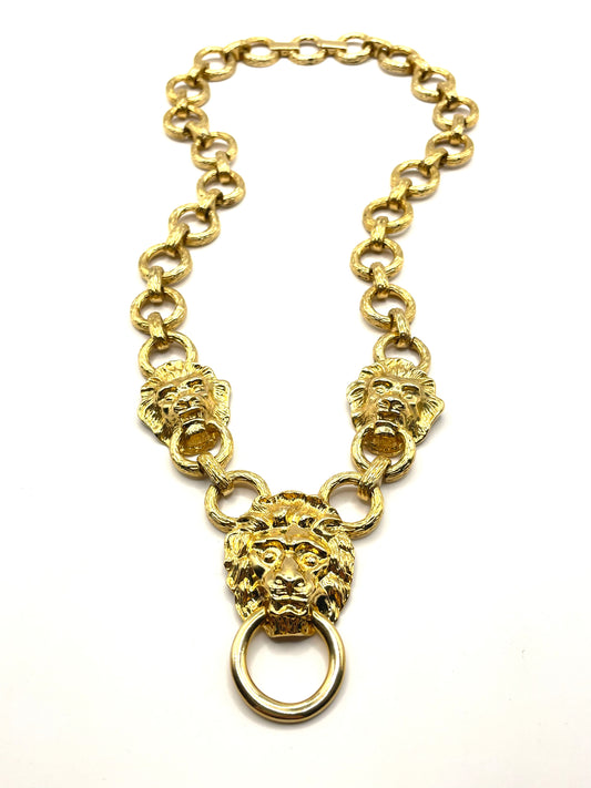 Vintage Kenneth Jay Lane Lion Door Knocker Statement Link Chain Necklace