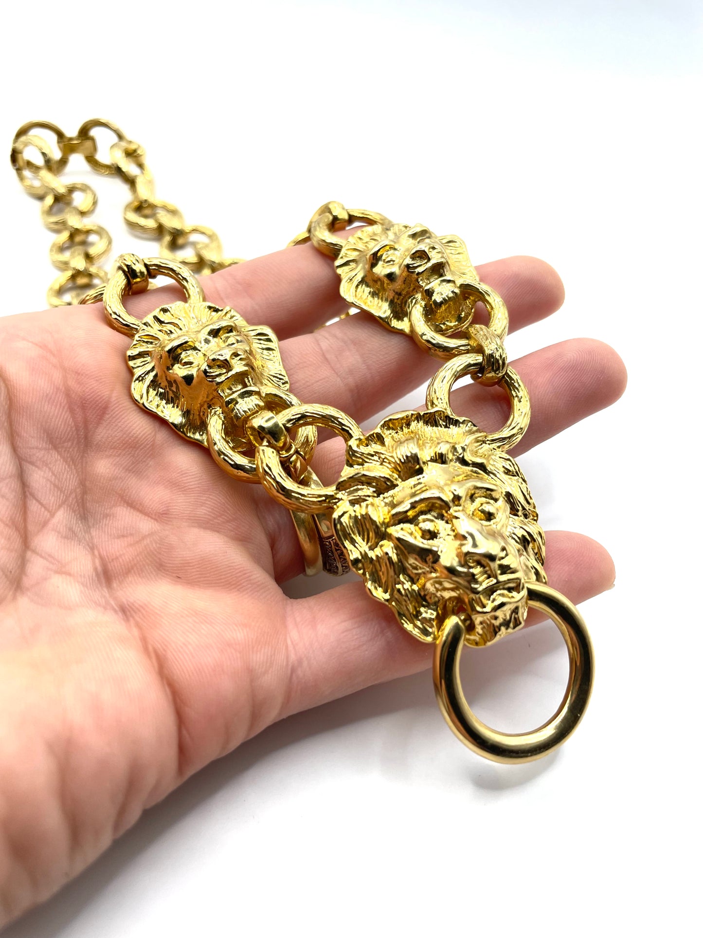 Vintage Kenneth Jay Lane Lion Door Knocker Statement Link Chain Necklace