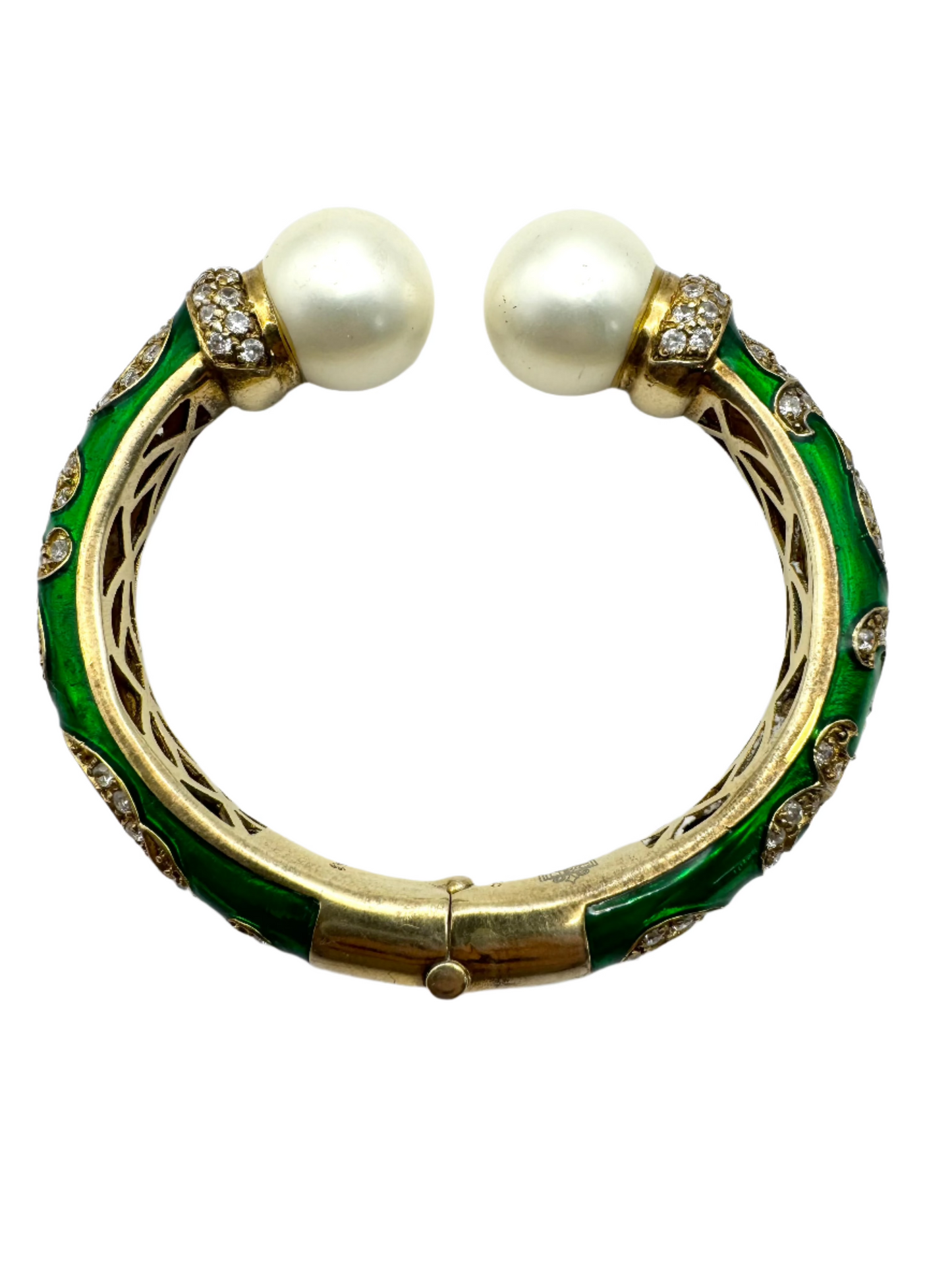 Signed LBC 925 Vermeil Faux Pearl Rhinestone Enamel Clamper Statement Bracelet