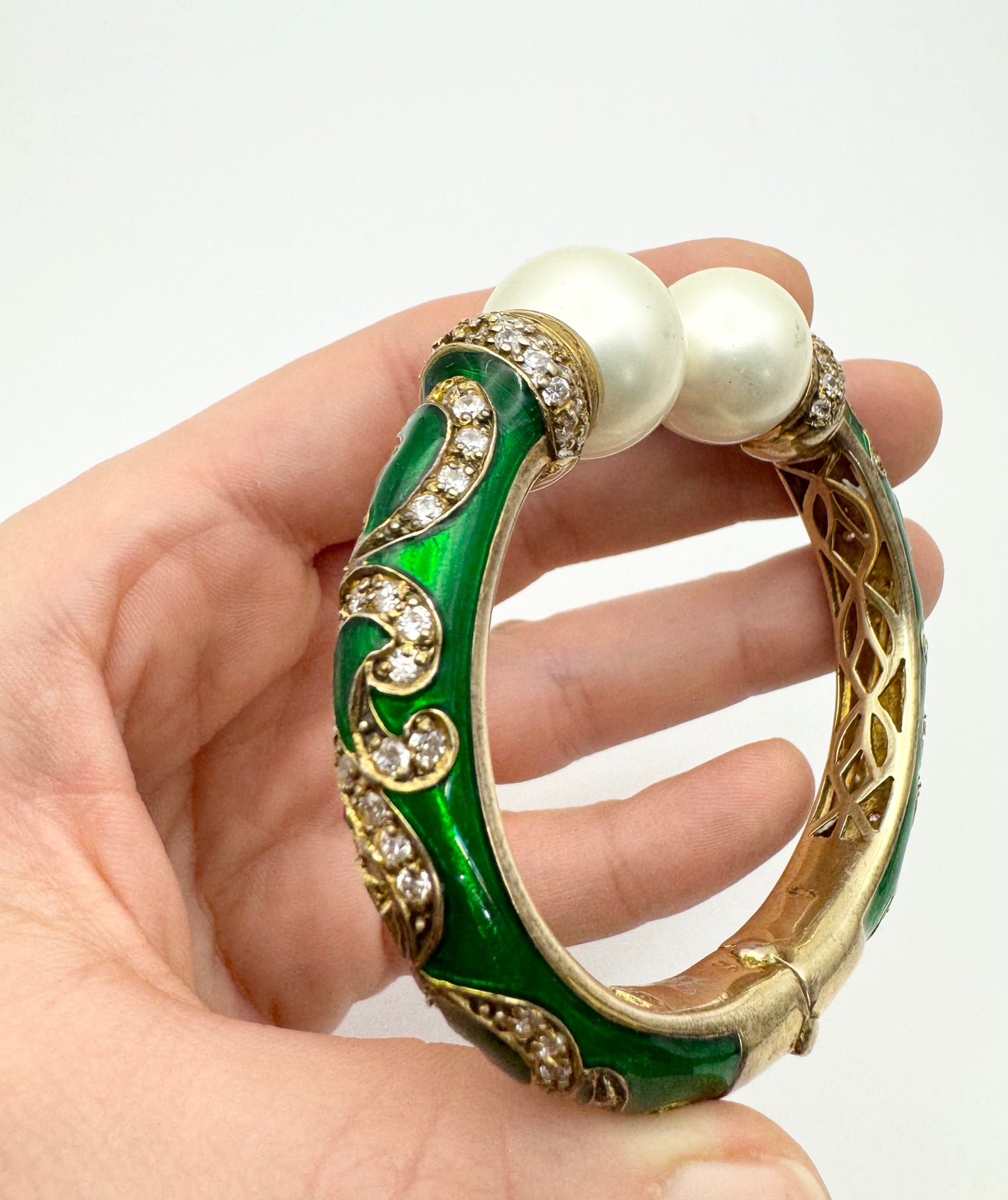 Signed LBC 925 Vermeil Faux Pearl Rhinestone Enamel Clamper Statement Bracelet