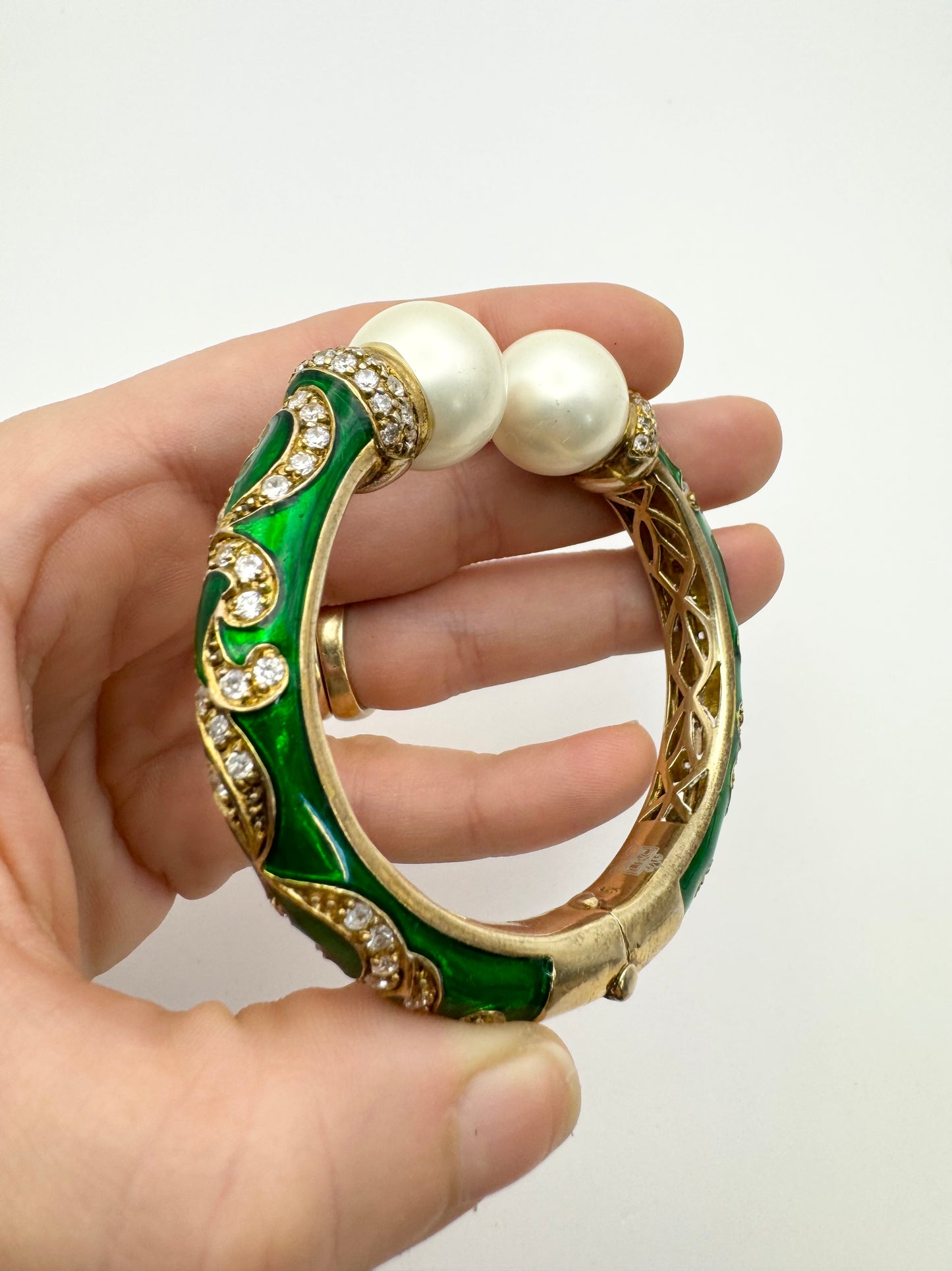 Signed LBC 925 Vermeil Faux Pearl Rhinestone Enamel Clamper Statement Bracelet