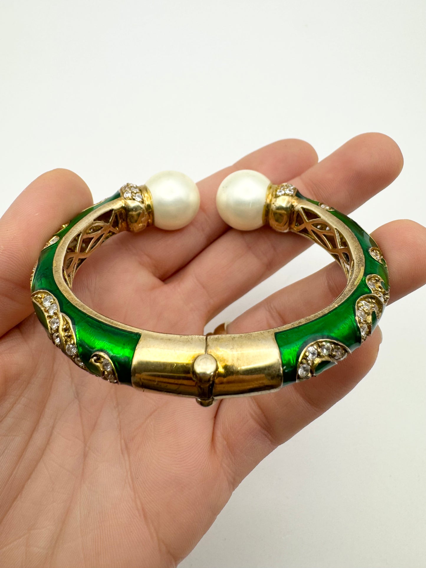 Signed LBC 925 Vermeil Faux Pearl Rhinestone Enamel Clamper Statement Bracelet