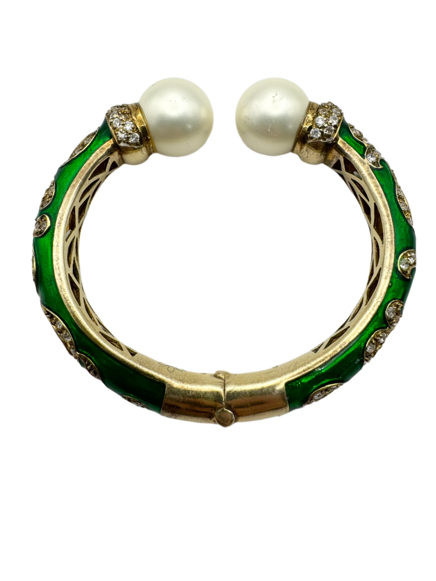 Signed LBC 925 Vermeil Faux Pearl Rhinestone Enamel Clamper Statement Bracelet