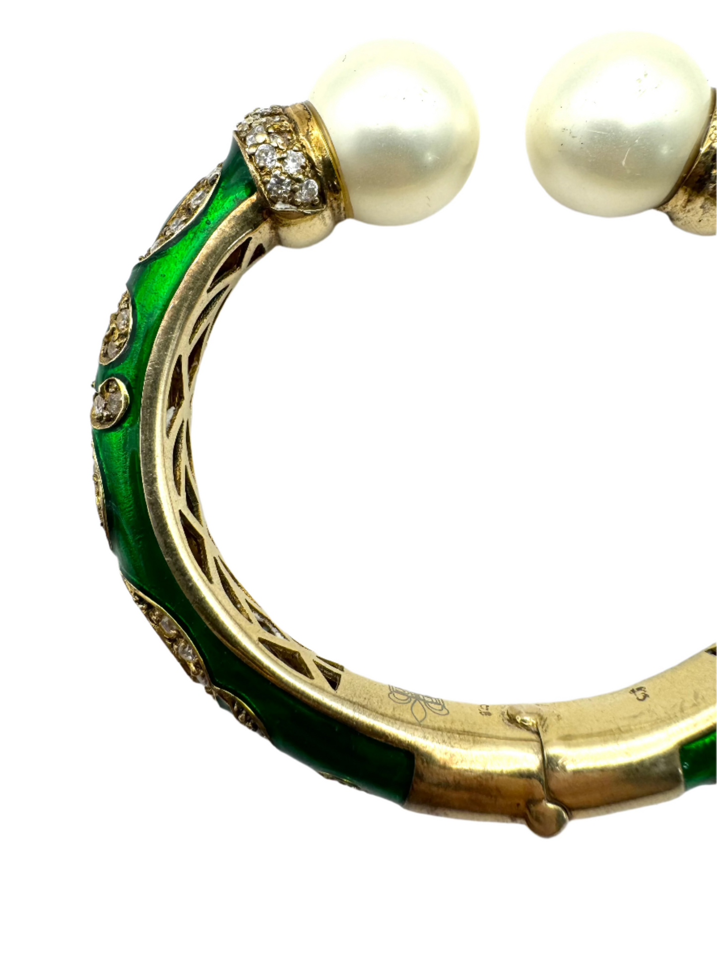 Signed LBC 925 Vermeil Faux Pearl Rhinestone Enamel Clamper Statement Bracelet