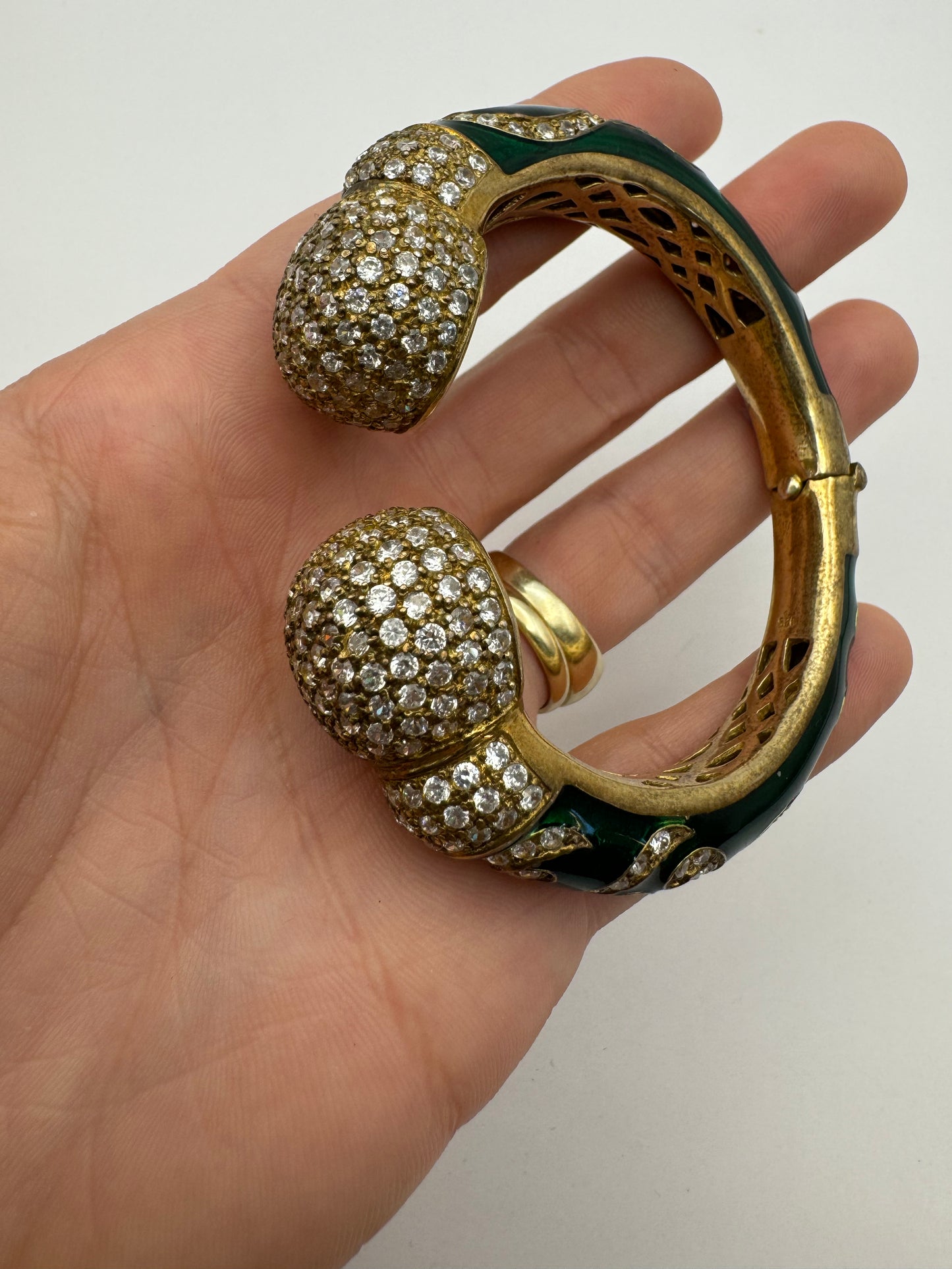 Stunning 925 Vermeil Enamel with Rhinestones Clamper Statement Bracelet