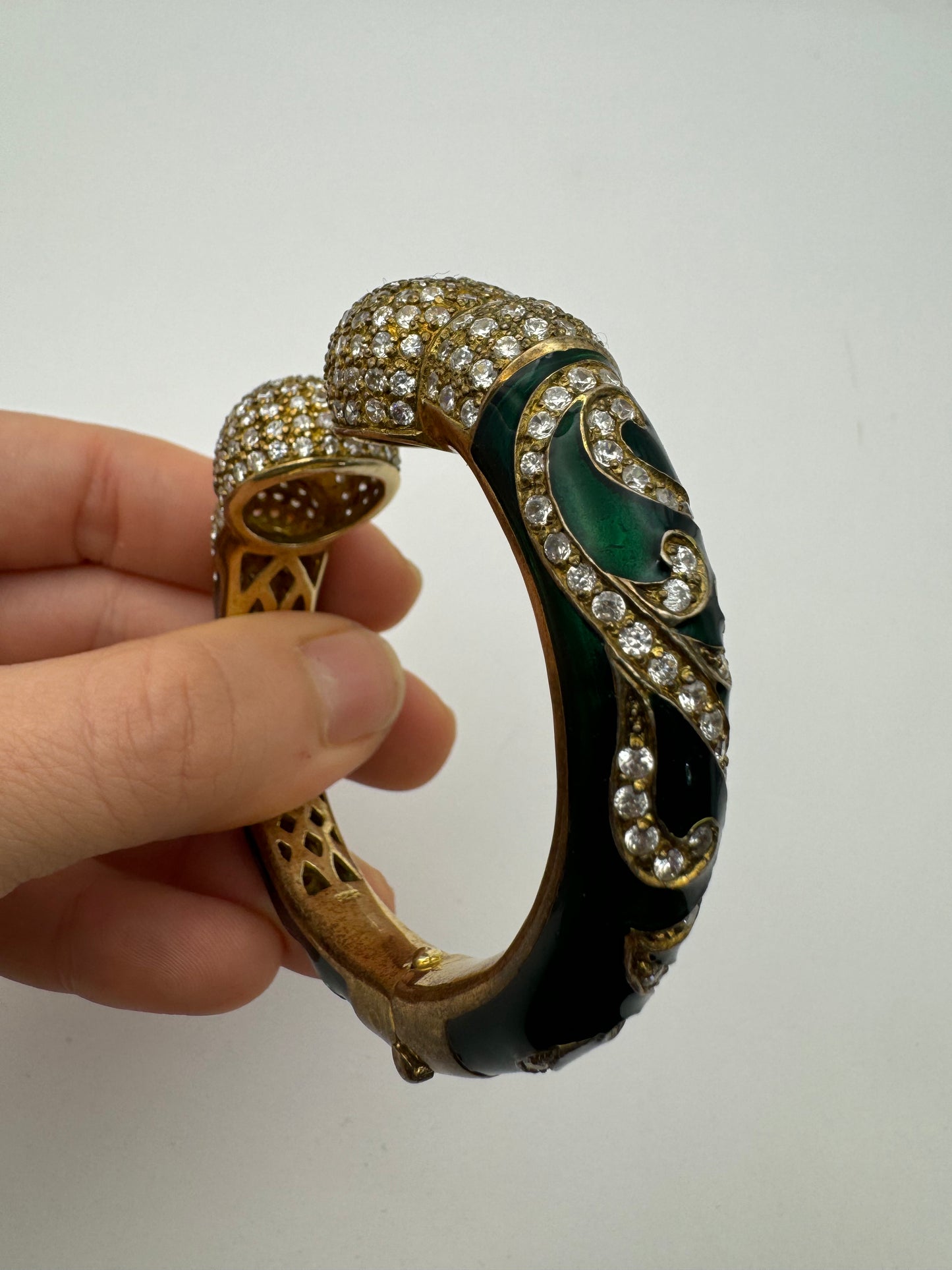 Stunning 925 Vermeil Enamel with Rhinestones Clamper Statement Bracelet