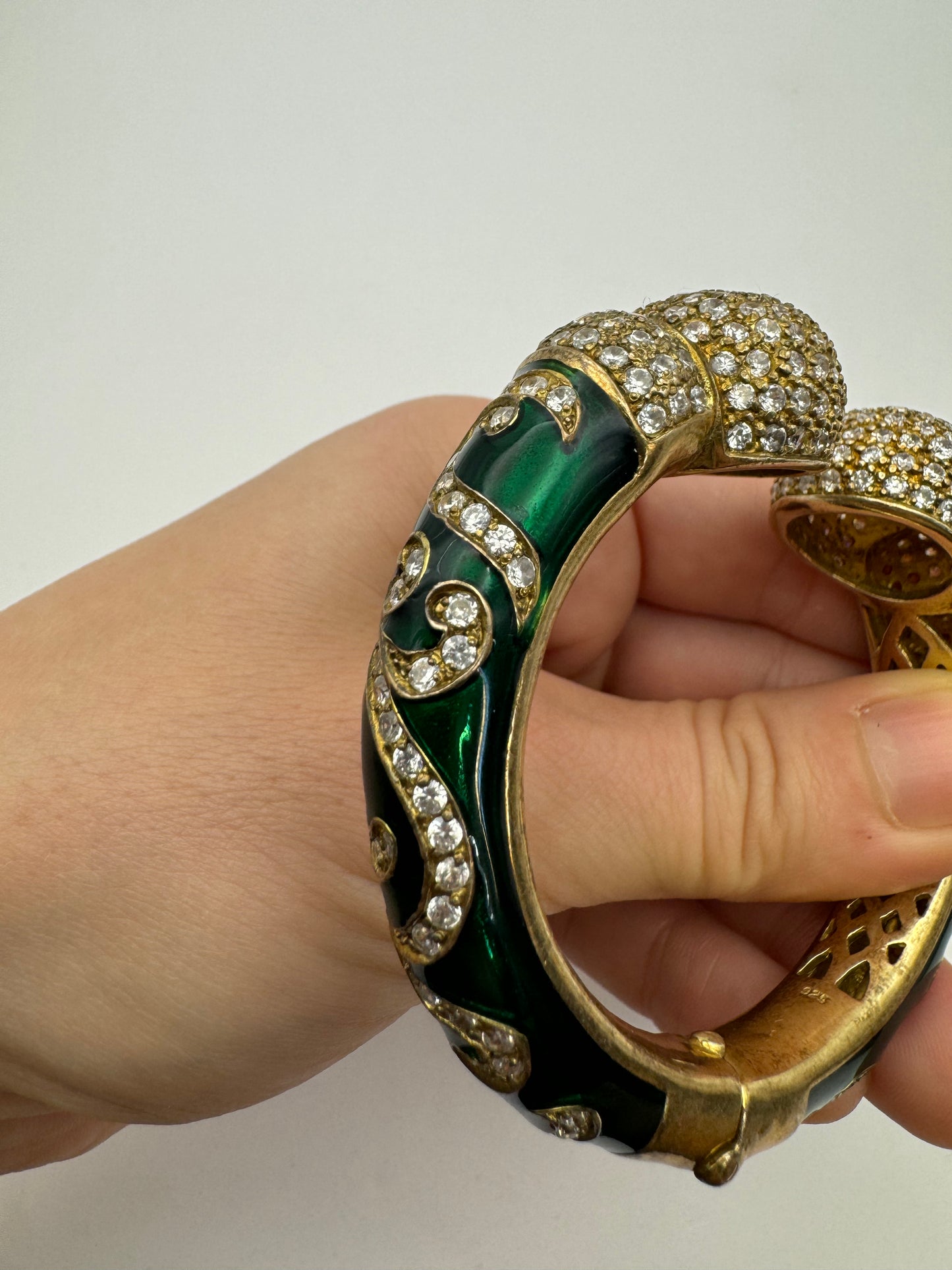 Stunning 925 Vermeil Enamel with Rhinestones Clamper Statement Bracelet