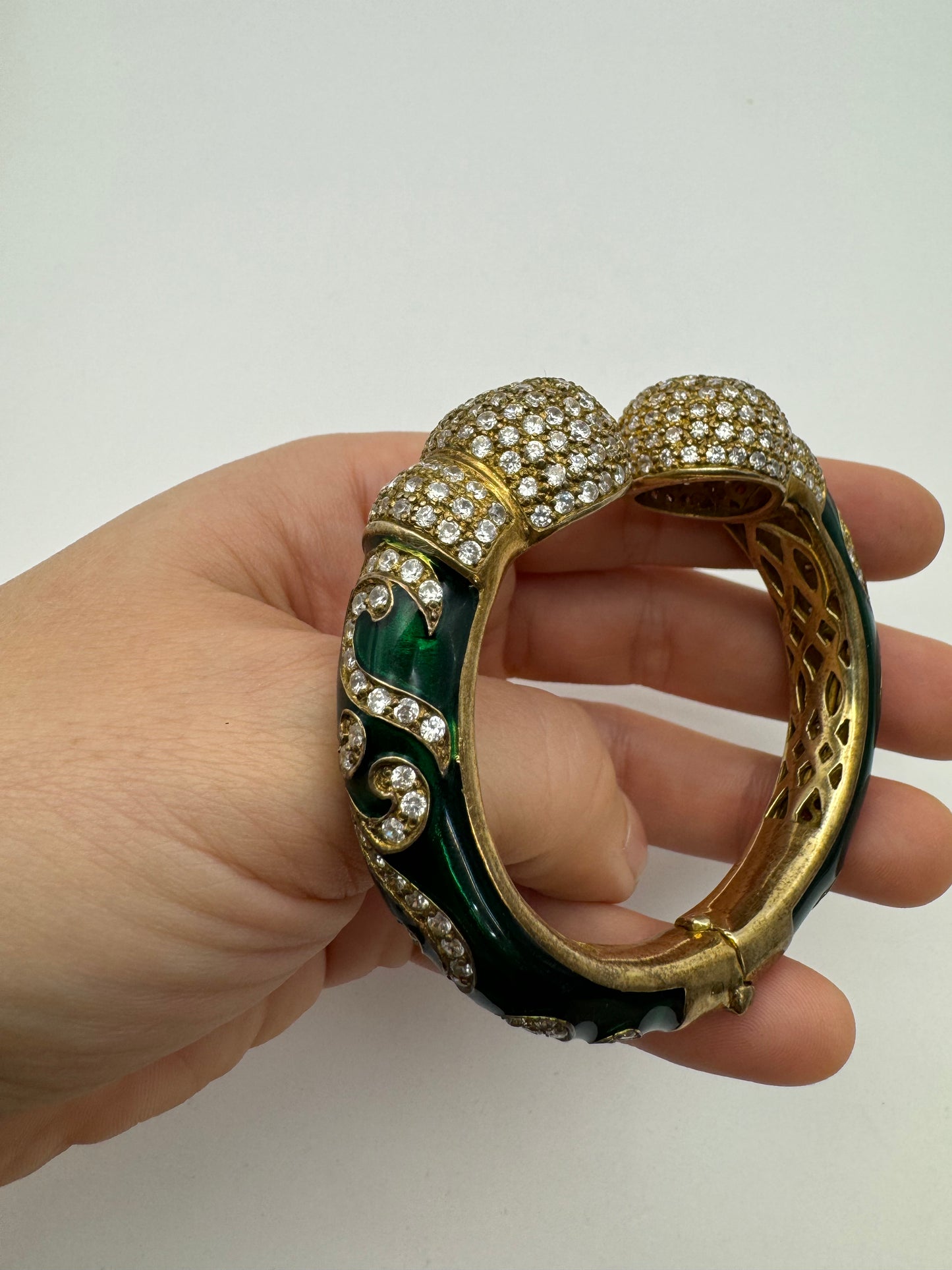 Stunning 925 Vermeil Enamel with Rhinestones Clamper Statement Bracelet