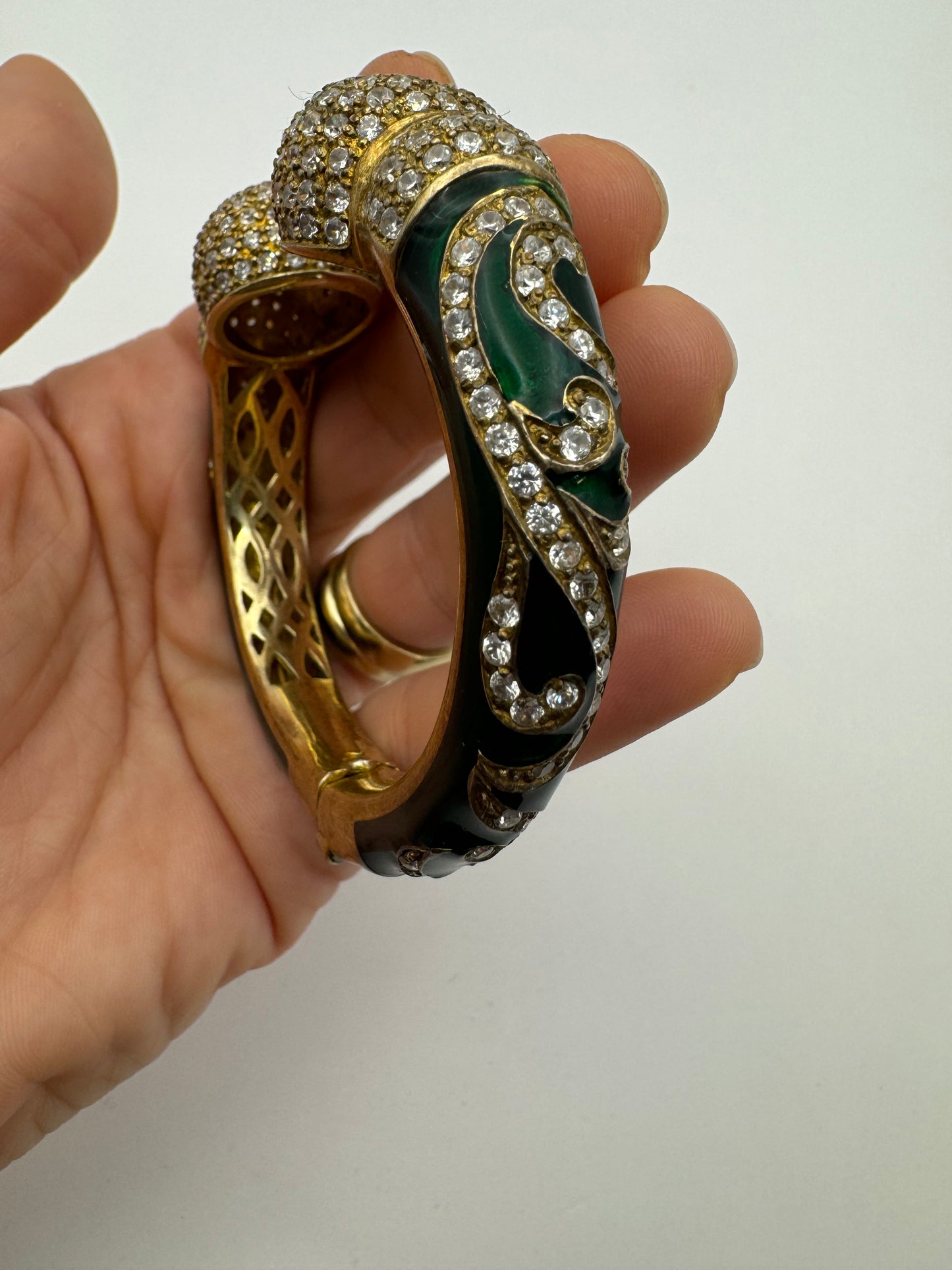 Stunning 925 Vermeil Enamel with Rhinestones Clamper Statement Bracelet