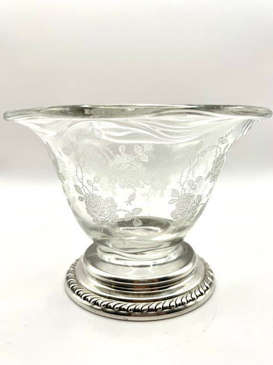 Antique Wallace Sterling Etched Crystal Candy Bowl Silver Base