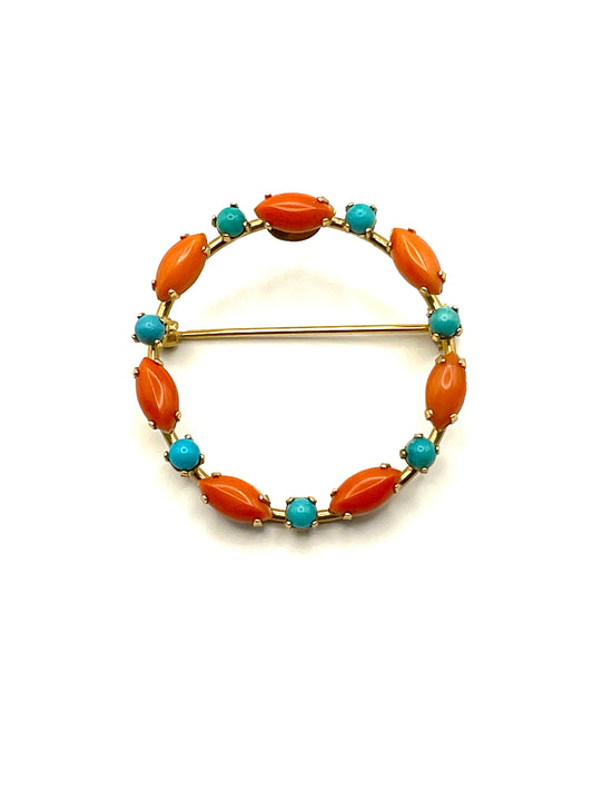 Vintage Geri Jewelry 14 KT GP Faux Coral and Turquoise Brooch