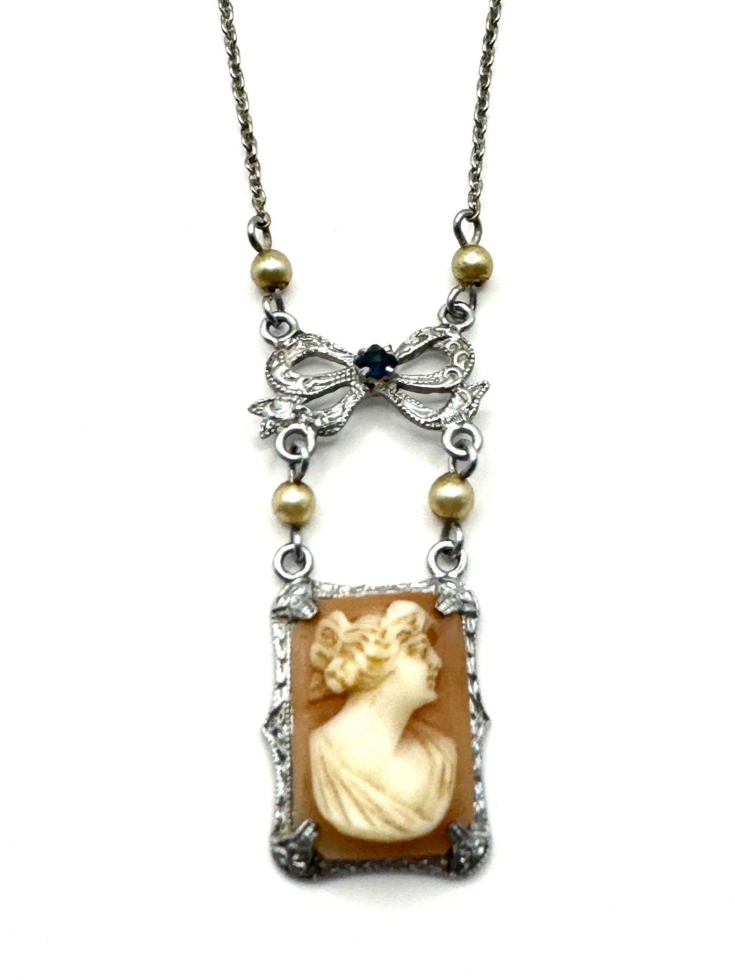 Antique 10K White Gold Marcasite Hand Carved Shell Cameo Necklace