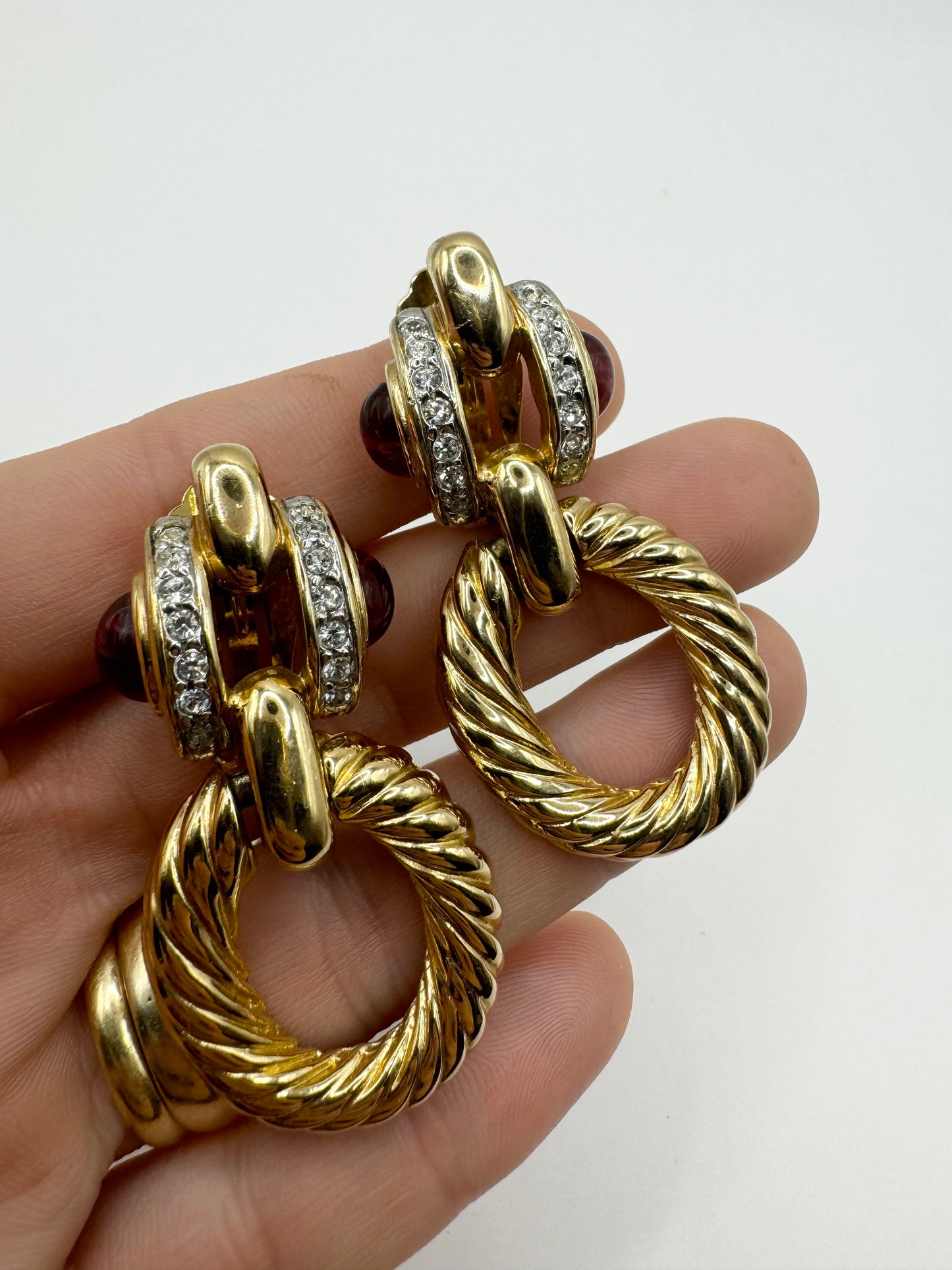 Vintage Mogul Glass Rhinestone Twisted Rope Door Knocker Clipon Earrings