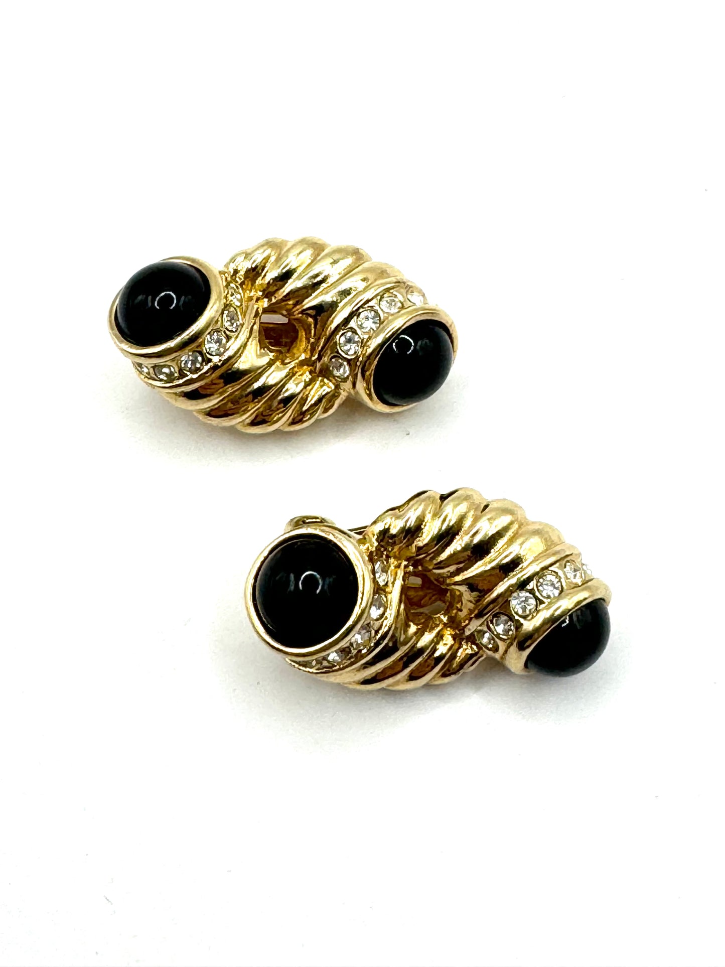 Vintage Twisted Rope Gold Tone Black Cabochon Pave Crystal Clipon Eariings