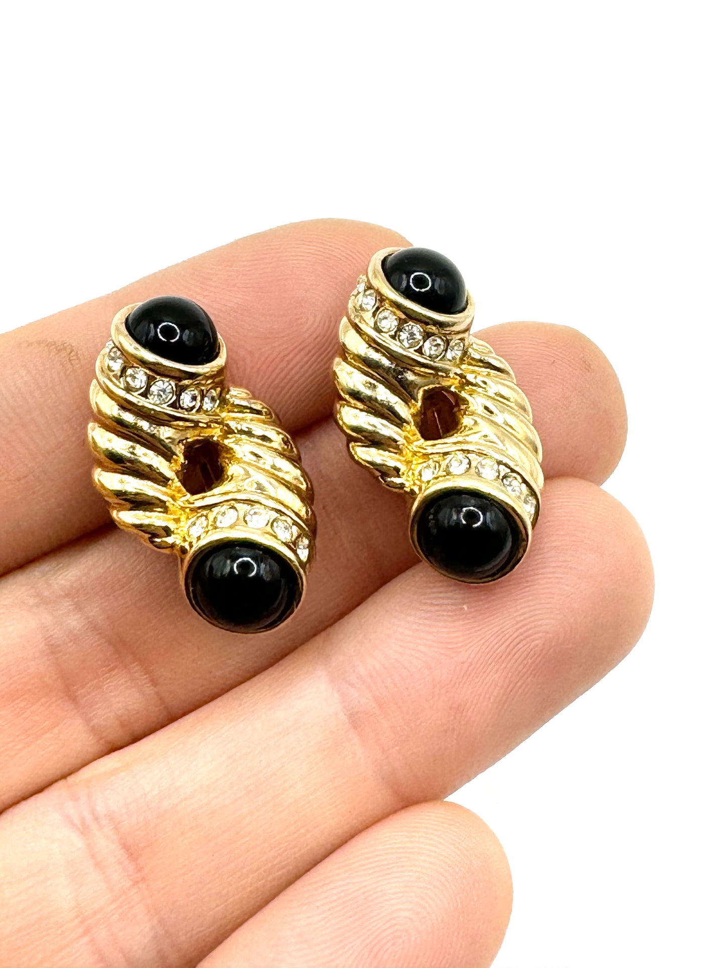 Vintage Twisted Rope Gold Tone Black Cabochon Pave Crystal Clipon Eariings