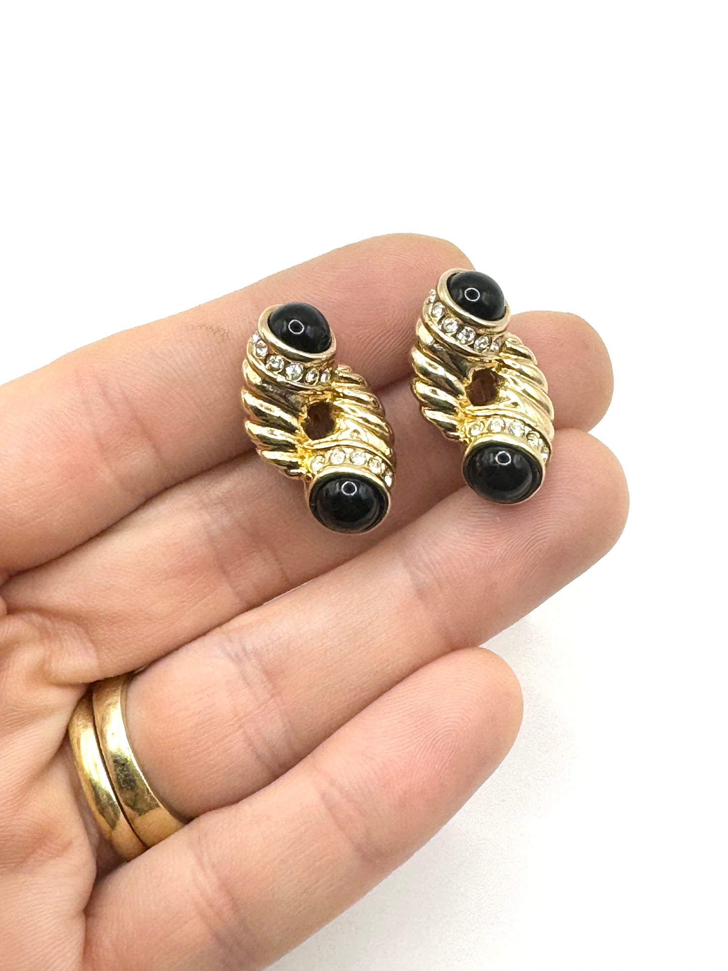 Vintage Twisted Rope Gold Tone Black Cabochon Pave Crystal Clipon Eariings