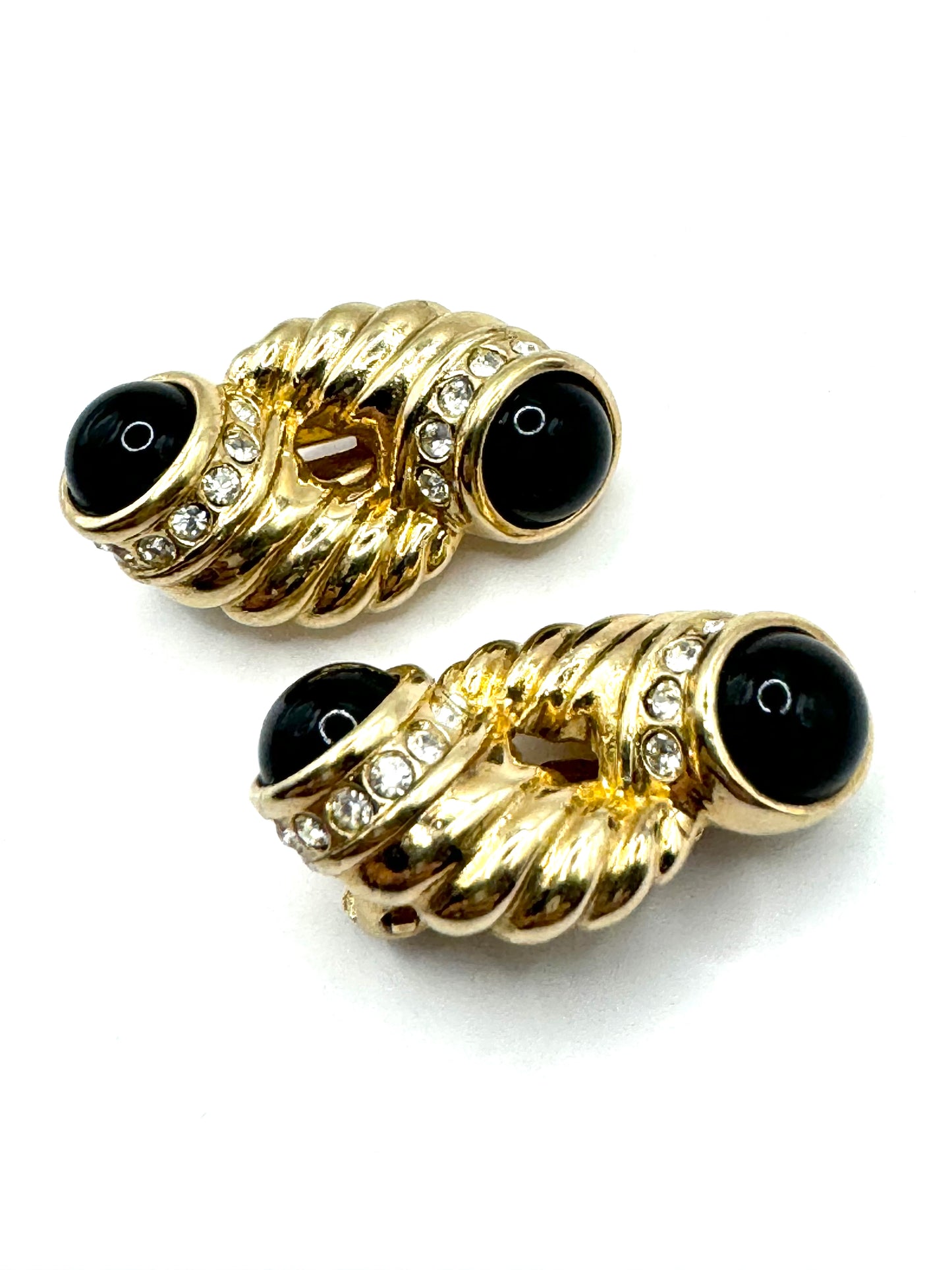 Vintage Twisted Rope Gold Tone Black Cabochon Pave Crystal Clipon Eariings