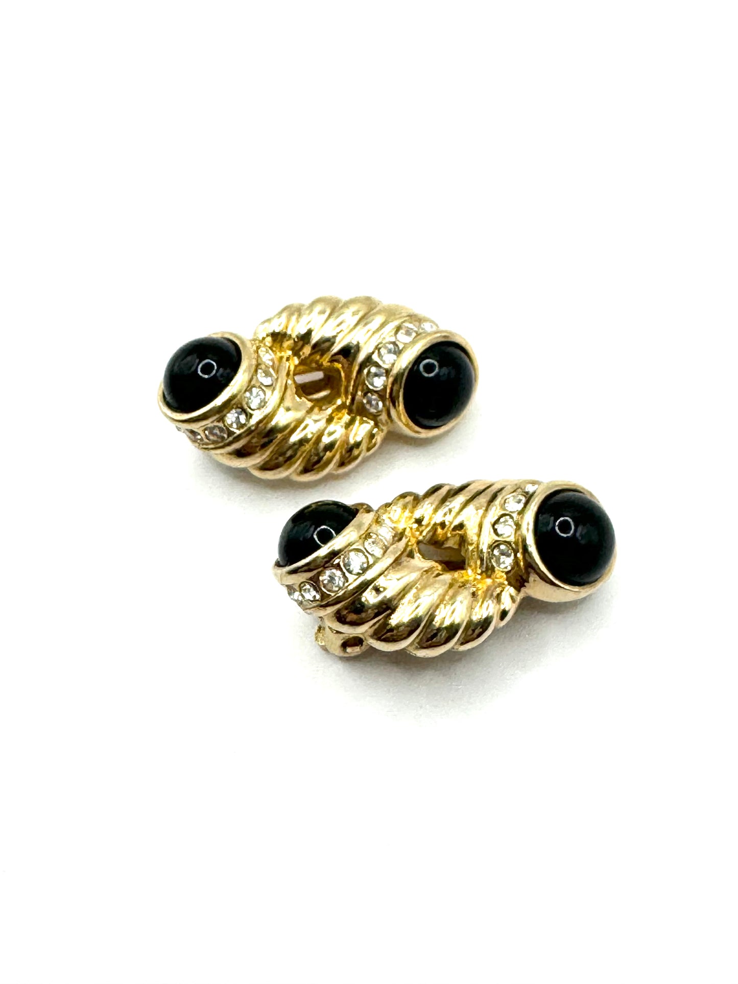 Vintage Twisted Rope Gold Tone Black Cabochon Pave Crystal Clipon Eariings