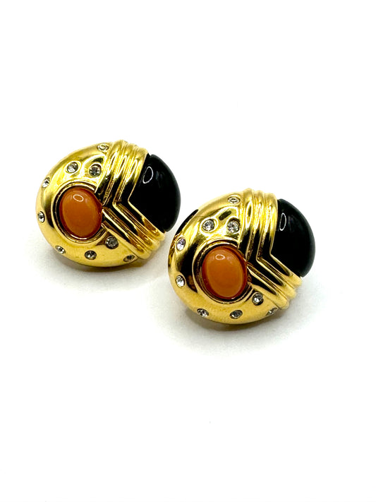 Vintage Joan Rivers Gold Tone Enamel Lucite Cabochon Rhinestone Clip on Earrings