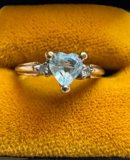 10K Gold Diamond & Blue Topaz Heart Ring