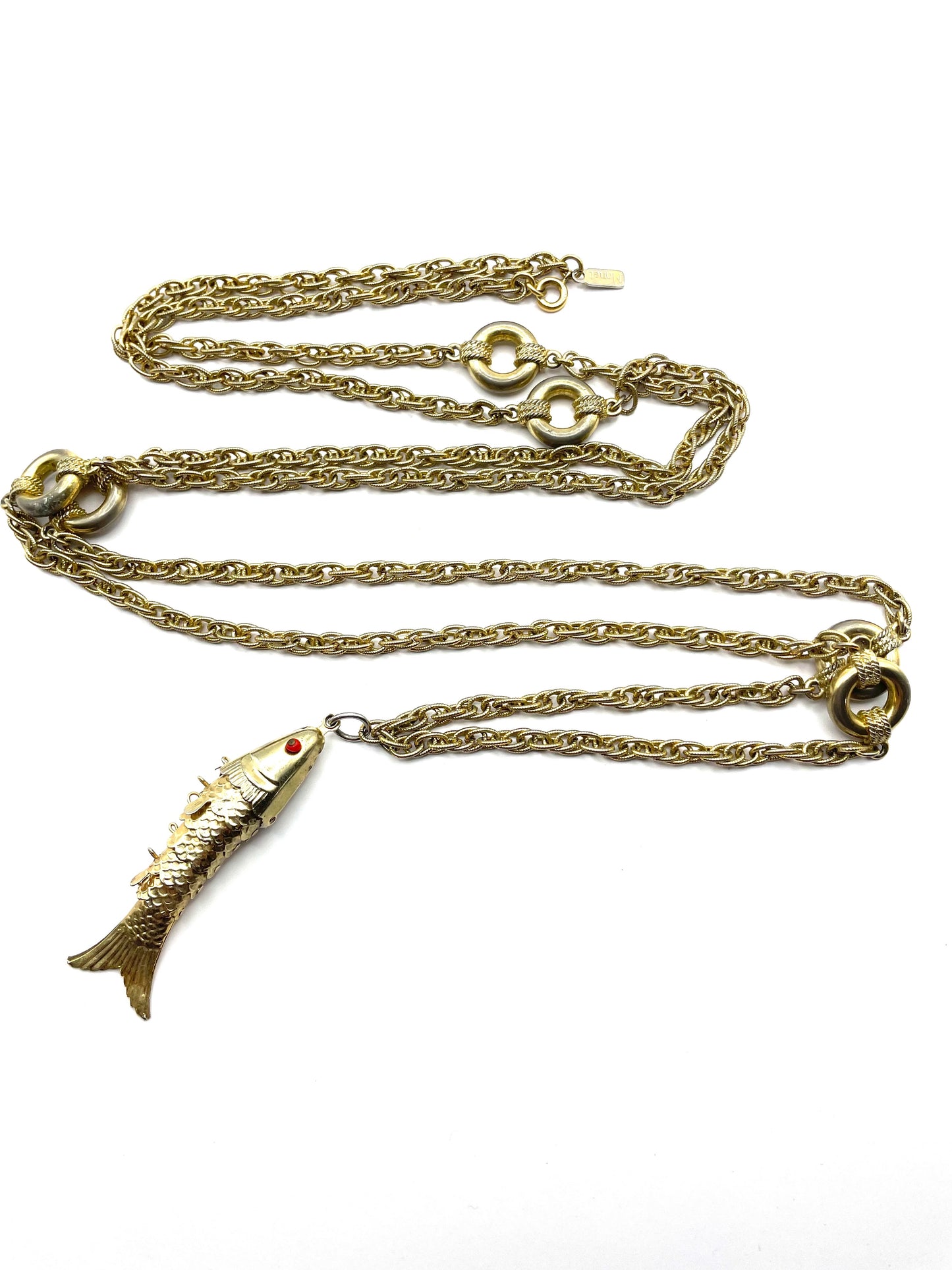 Vintage Monet Gold Tone Articulated Fish Pendant Necklace