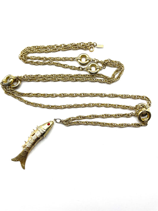 Vintage Monet Gold Tone Articulated Fish Pendant Necklace