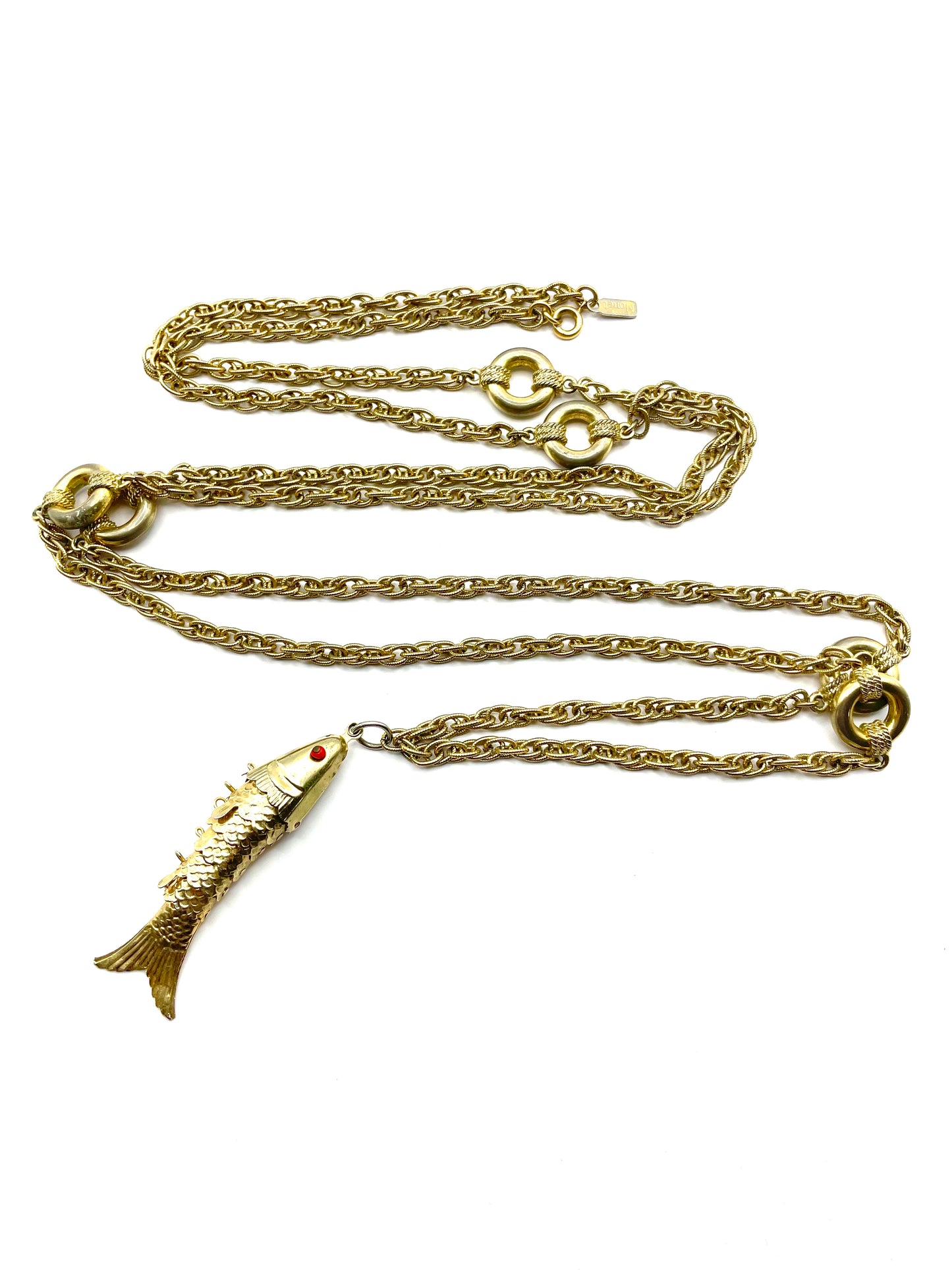 Vintage Monet Gold Tone Articulated Fish Pendant Necklace