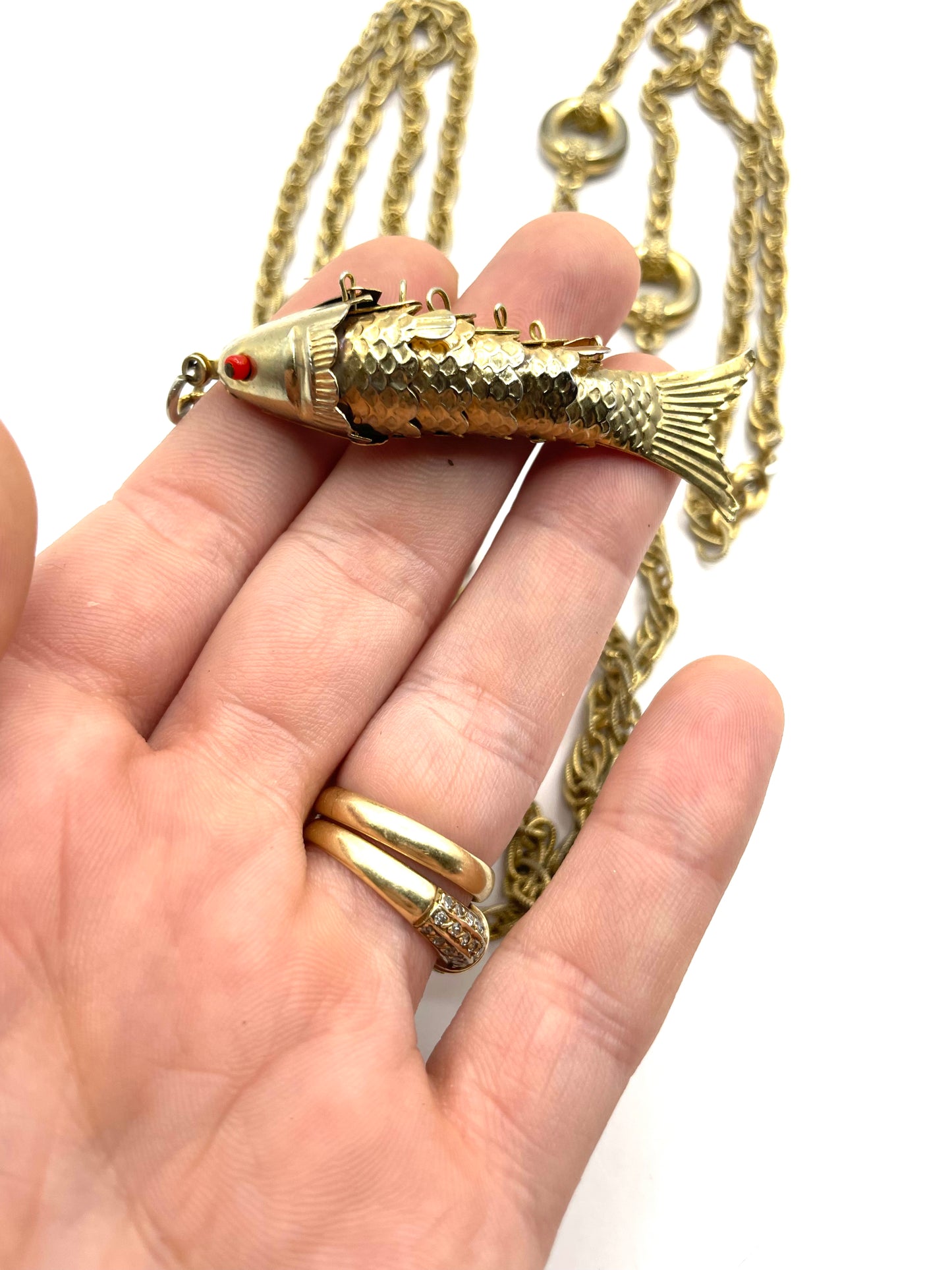 Vintage Monet Gold Tone Articulated Fish Pendant Necklace