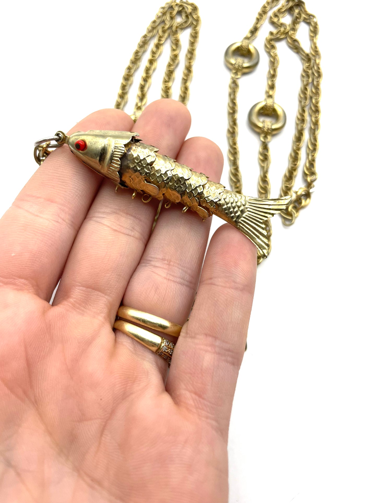 Vintage Monet Gold Tone Articulated Fish Pendant Necklace