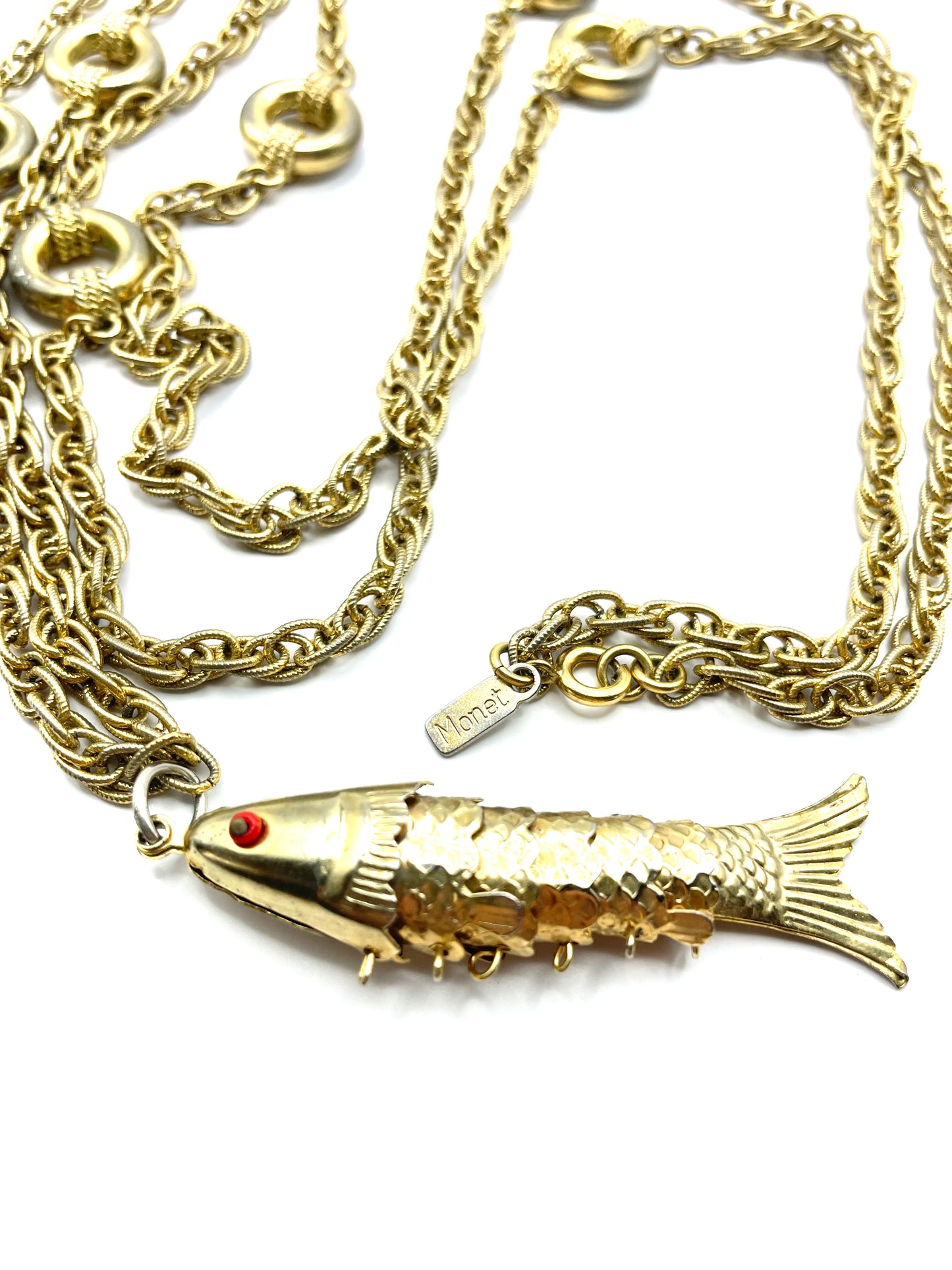 Vintage Monet Gold Tone Articulated Fish Pendant Necklace