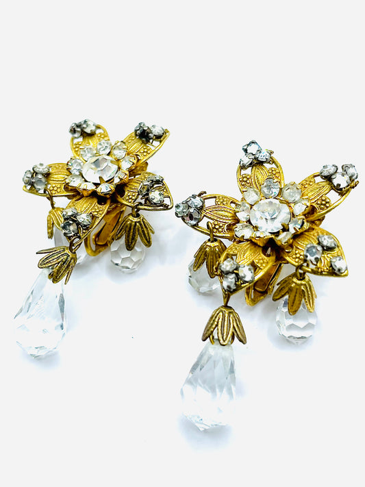 Miriam Haskell Gilt Rhinestone Flower Filigree Drop Dangle Earrings