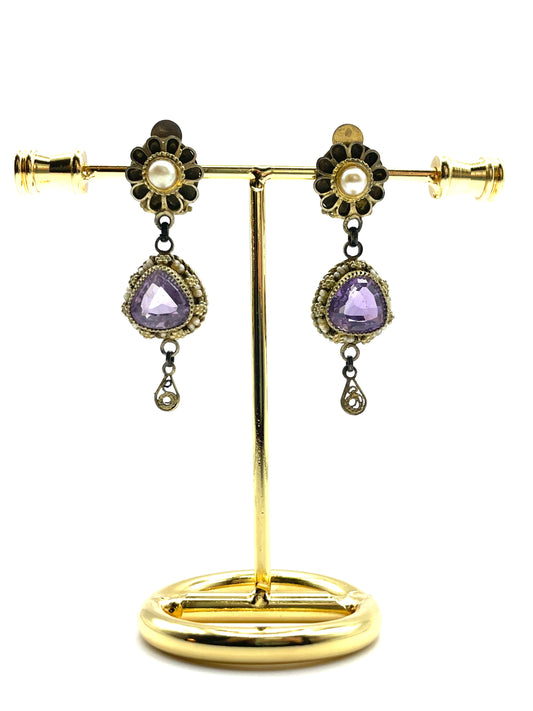 Vintage signed 'Israel 935' Silver Filigree, Purple Rhinestone and Pearls Teardrop Clip On Earrings